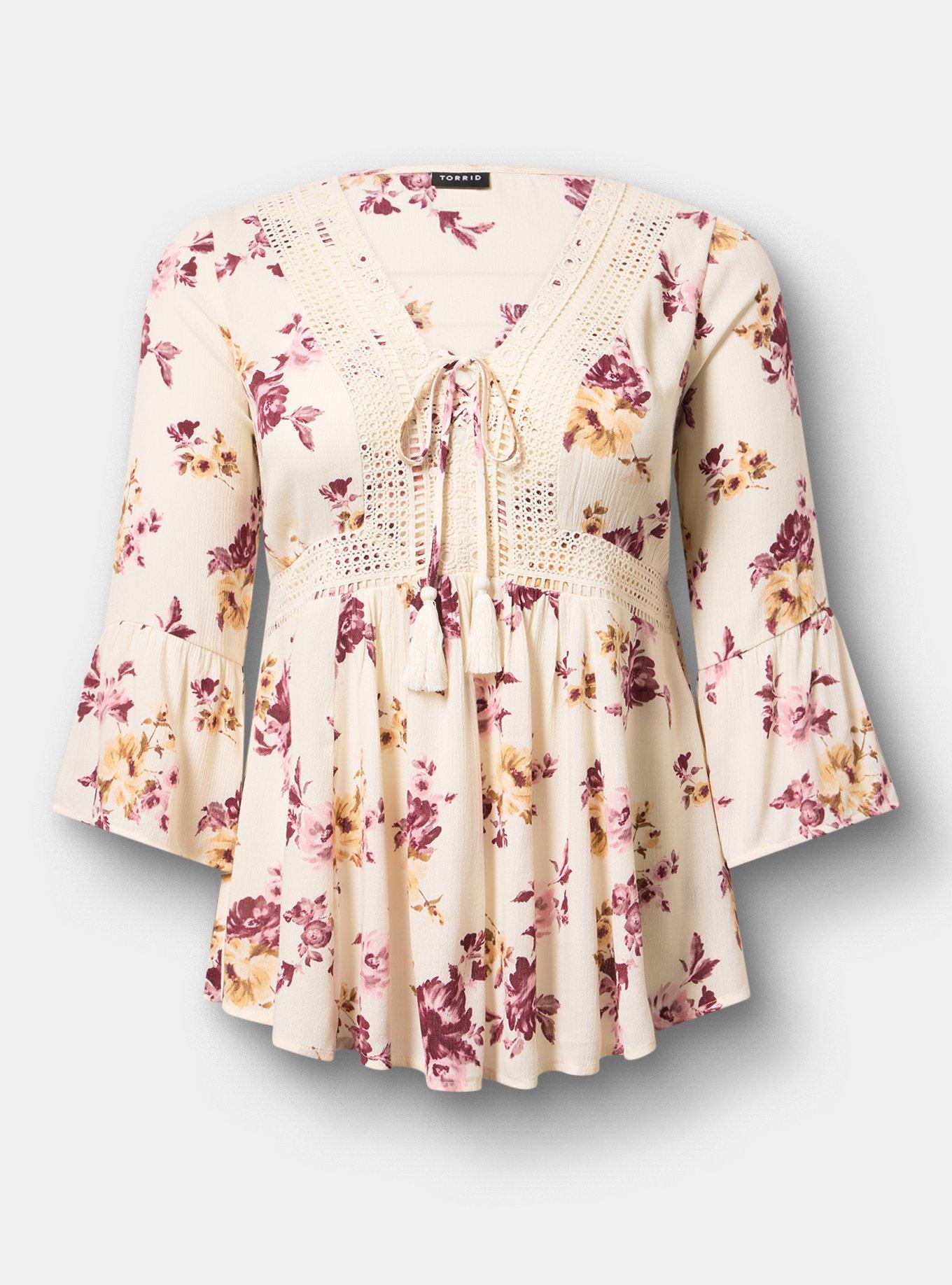 Gauze Babydoll Lace Up Top, ROSEY LIGHT FLORAL IVORY, flat