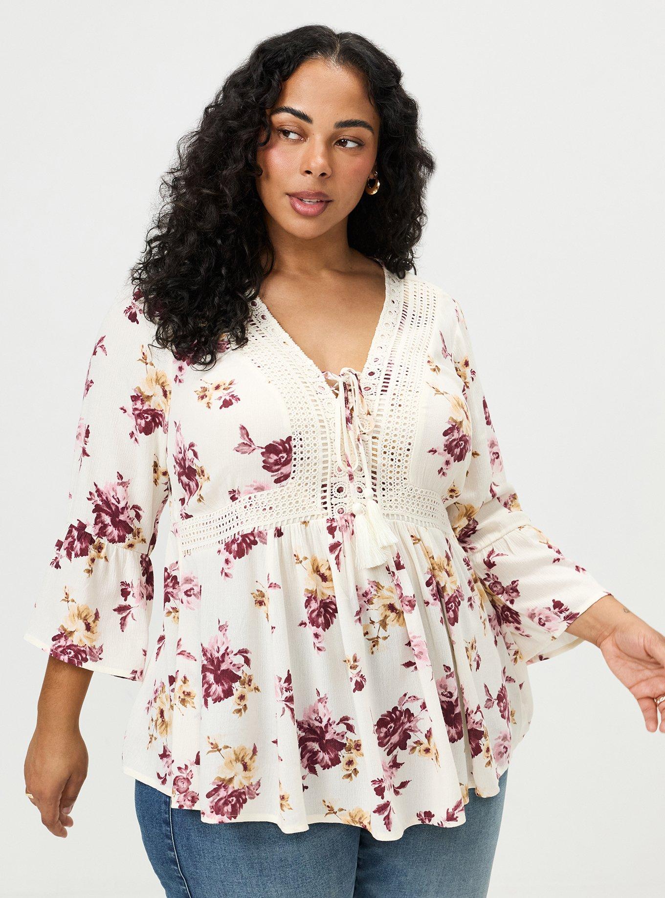 Gauze Babydoll Lace Up Top, ROSEY LIGHT FLORAL IVORY, hi-res