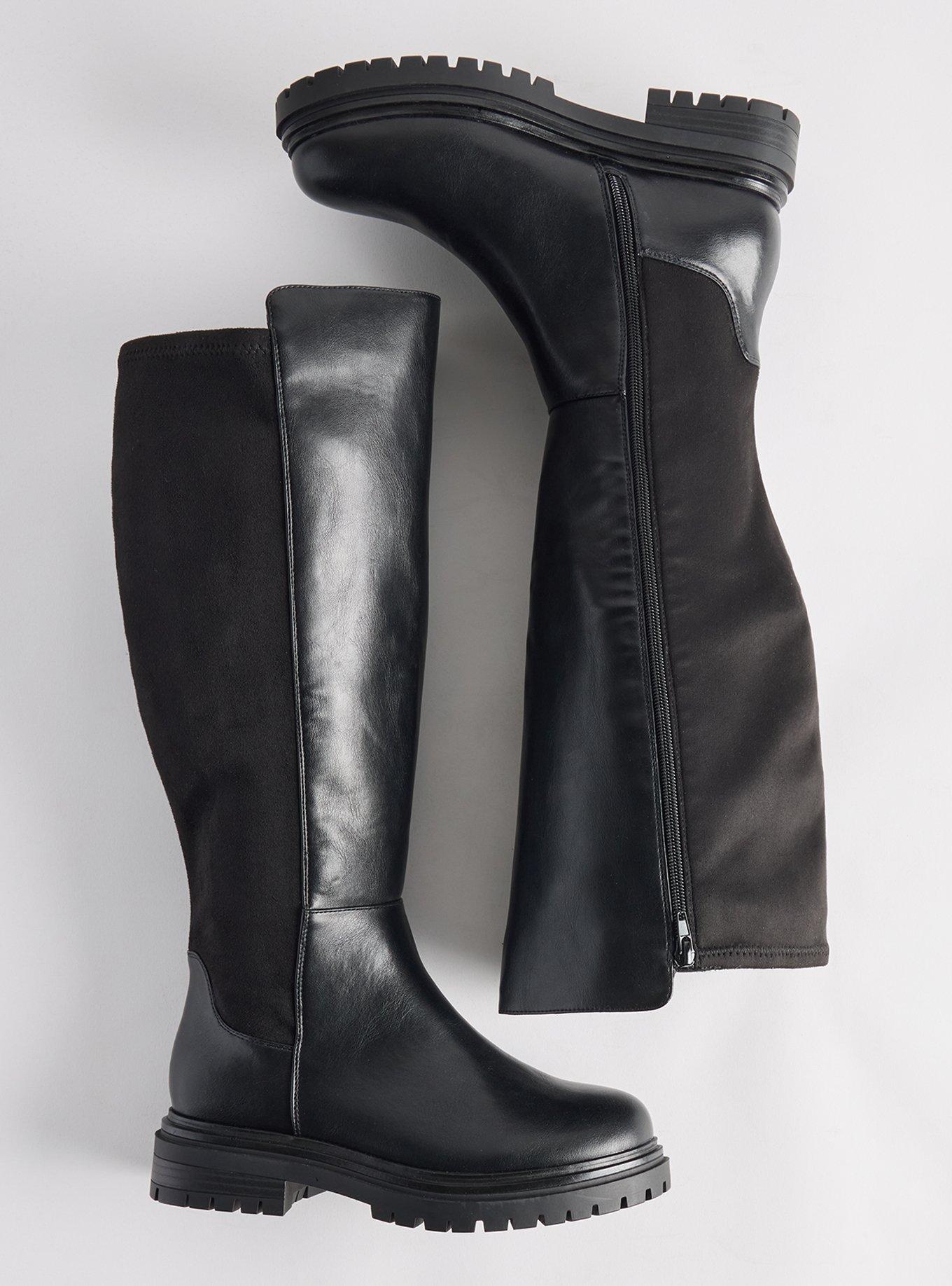 Lug Sole Stretch Back Knee Boot (WW), BLACK, hi-res