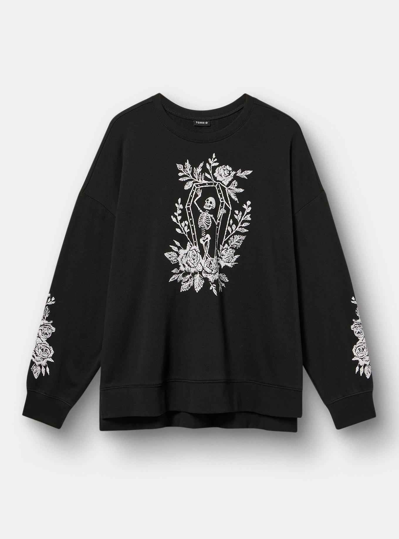 Plus Size Cozy Fleece Drop Shoulder Sweatshirt, DELICATE COFFIN DEEP BLACK, hi-res