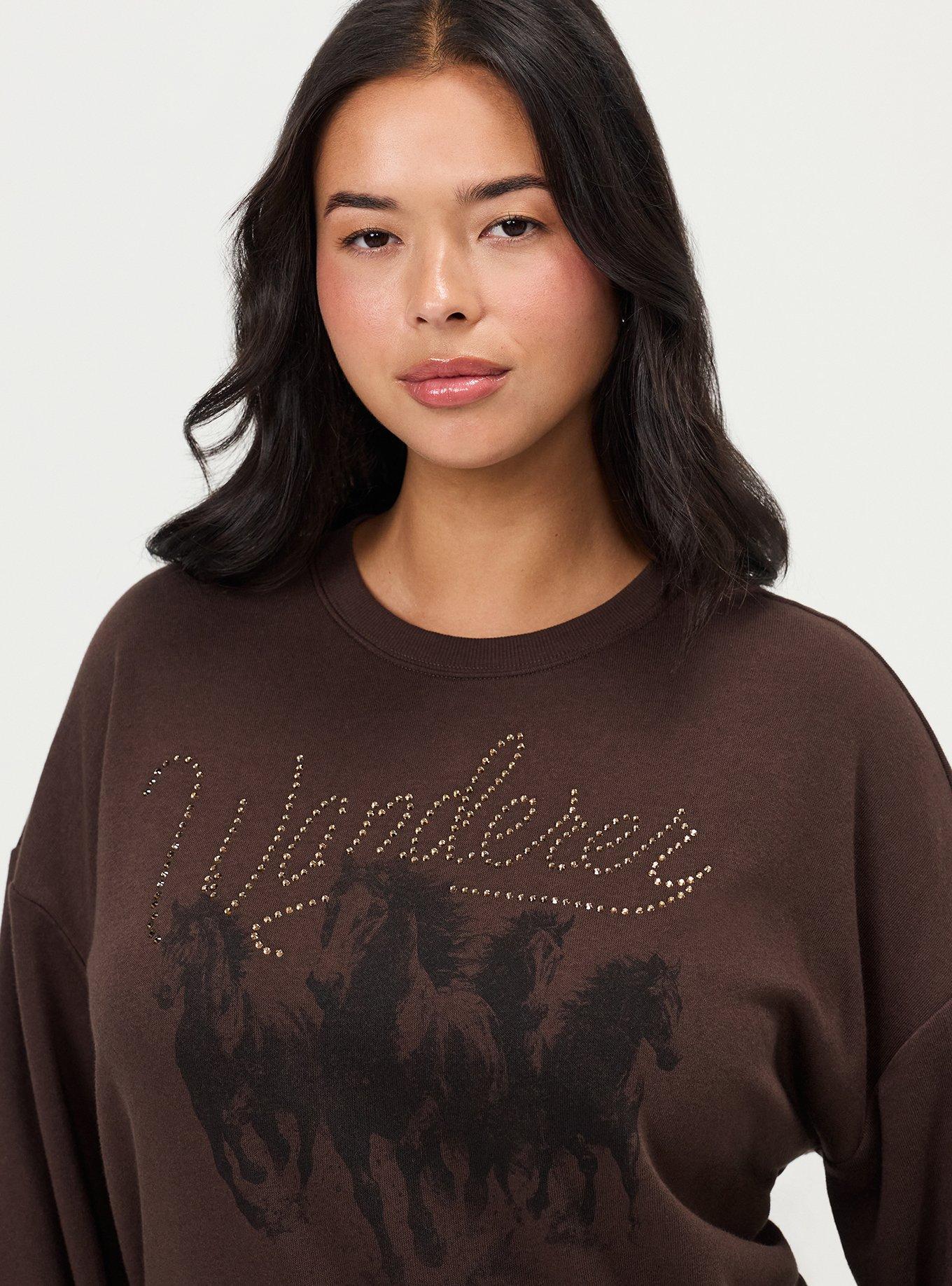 Cozy Fleece Drop Shoulder Sweatshirt, WILD HORSES JAVA, alternate