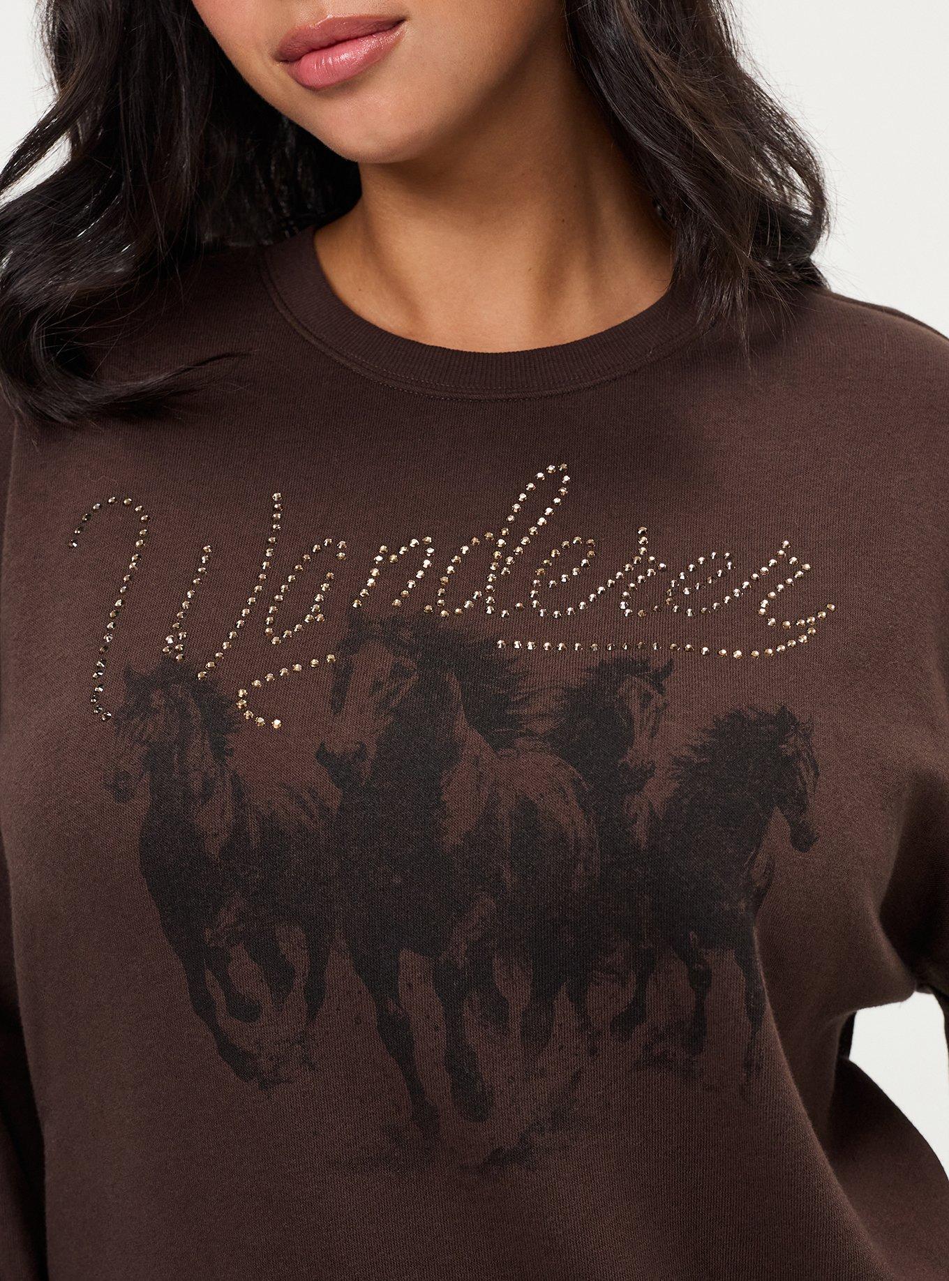 Cozy Fleece Drop Shoulder Sweatshirt, WILD HORSES JAVA, alternate