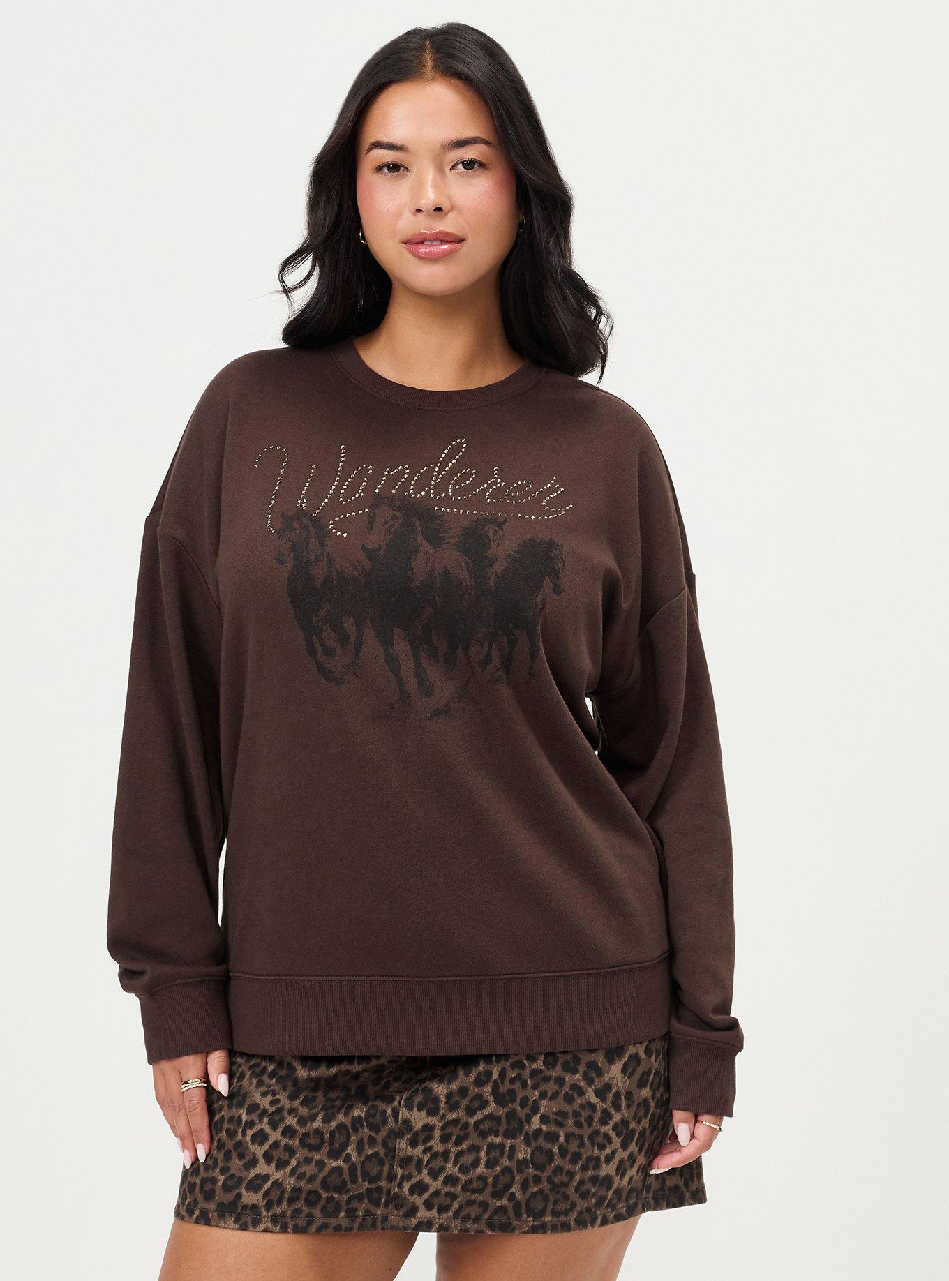 Cozy Fleece Drop Shoulder Sweatshirt, WILD HORSES JAVA, hi-res
