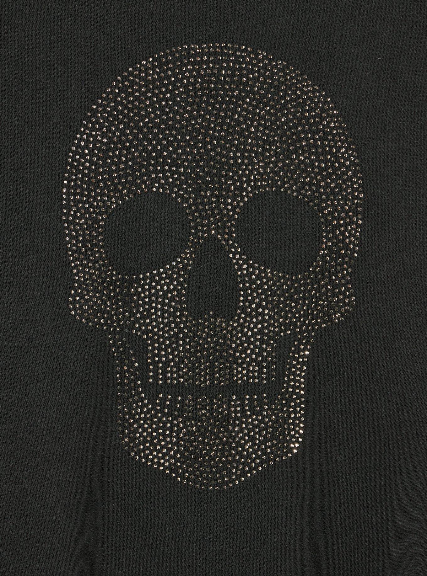 Cozy Fleece Drop Shoulder Sweatshirt, RHINESTONE SKULL FACE DEEP BLACK, alternate