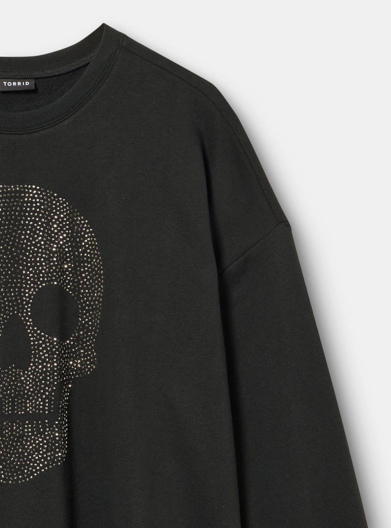 Cozy Fleece Drop Shoulder Sweatshirt, RHINESTONE SKULL FACE DEEP BLACK, alternate
