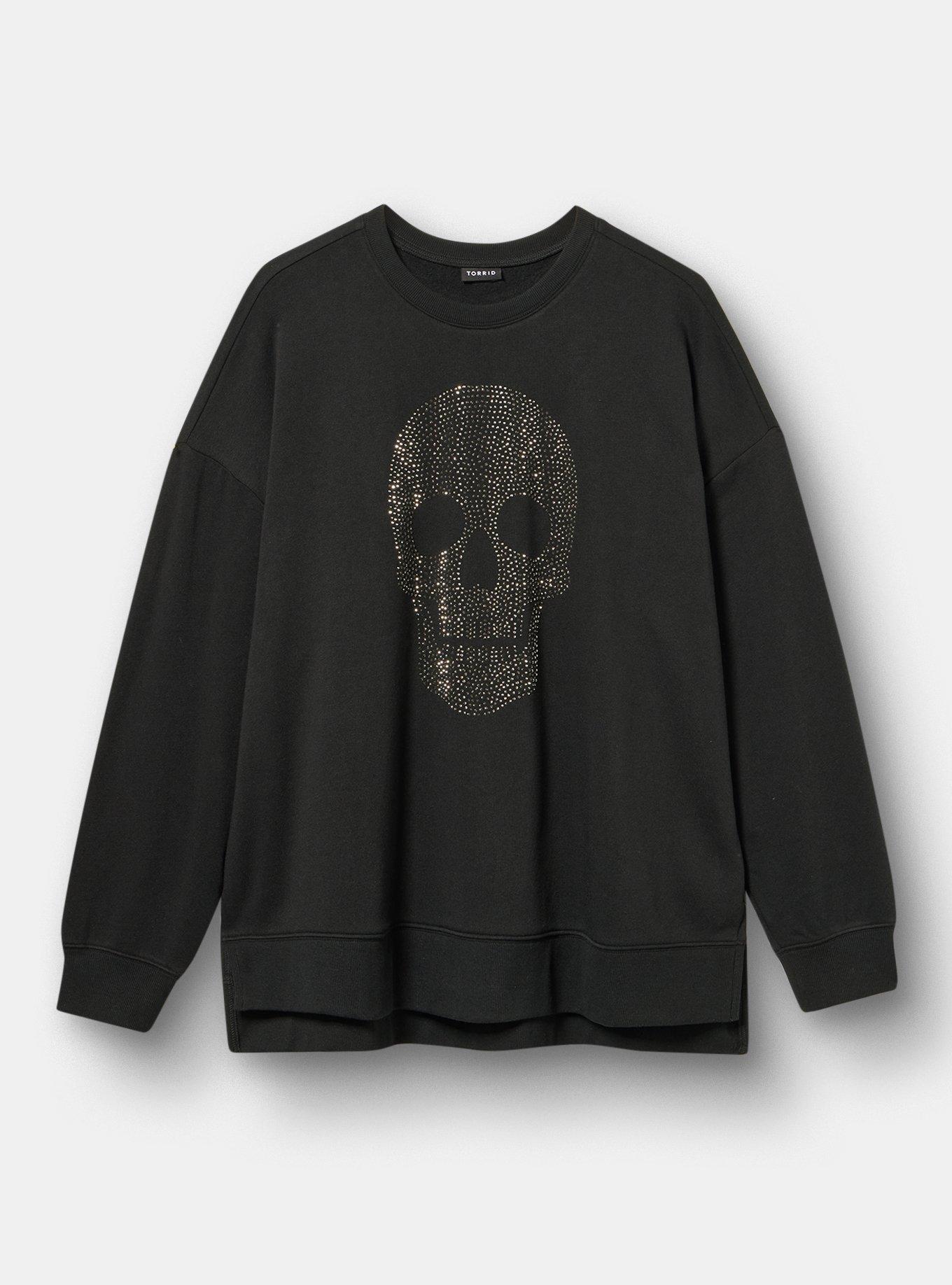 Cozy Fleece Drop Shoulder Sweatshirt, RHINESTONE SKULL FACE DEEP BLACK, hi-res