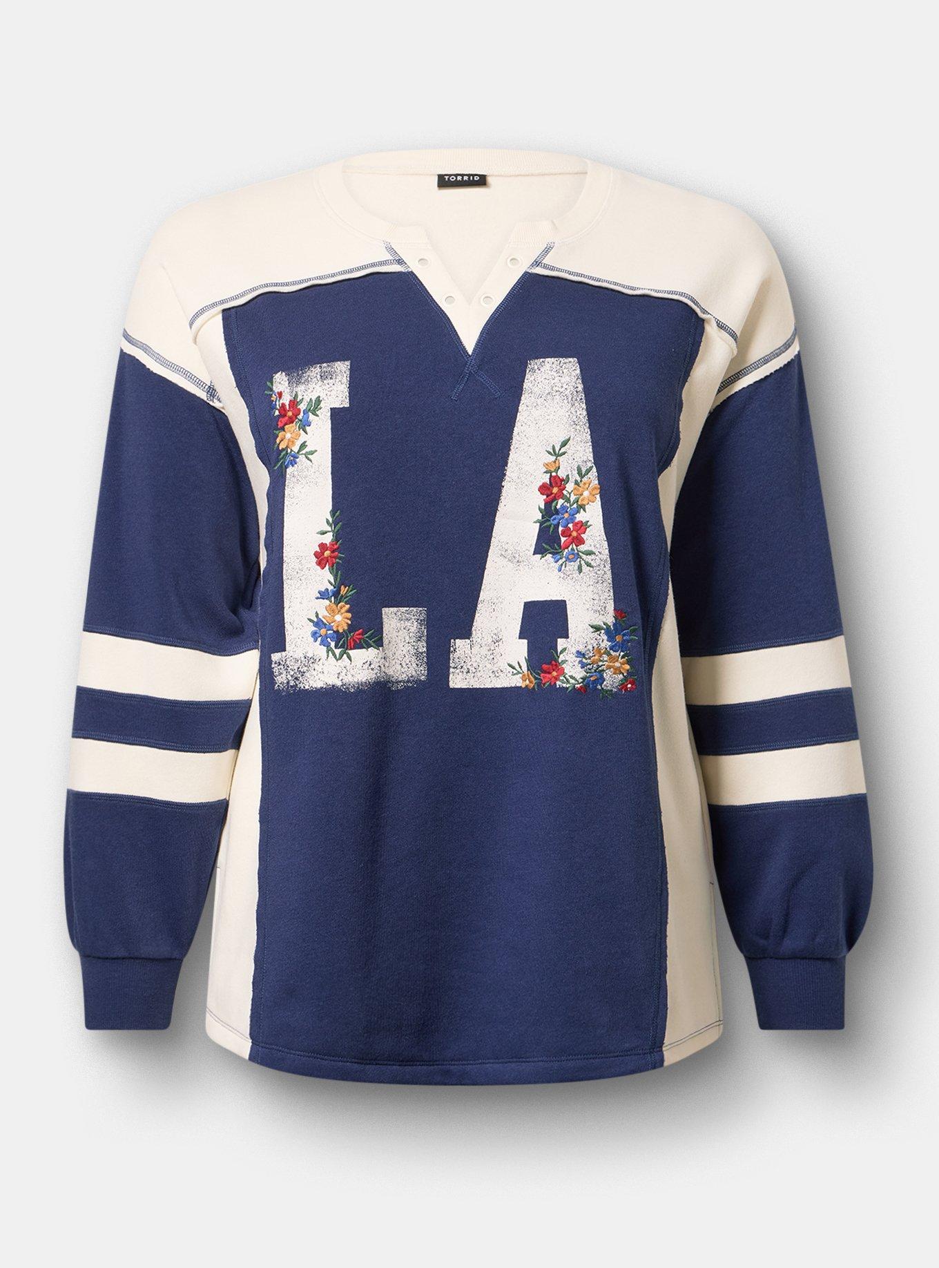 Cozy Fleece Notch Neck Sweatshirt, LA FLORAL MEDIEVAL BLUE, hi-res