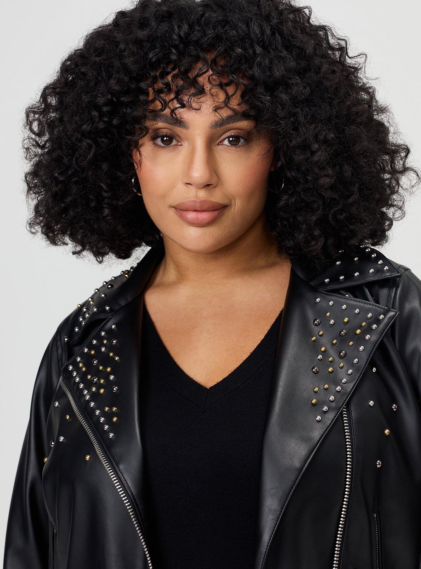 Plus Size Studded Relaxed Faux Leather Moto Jacket, DEEP BLACK, alternate