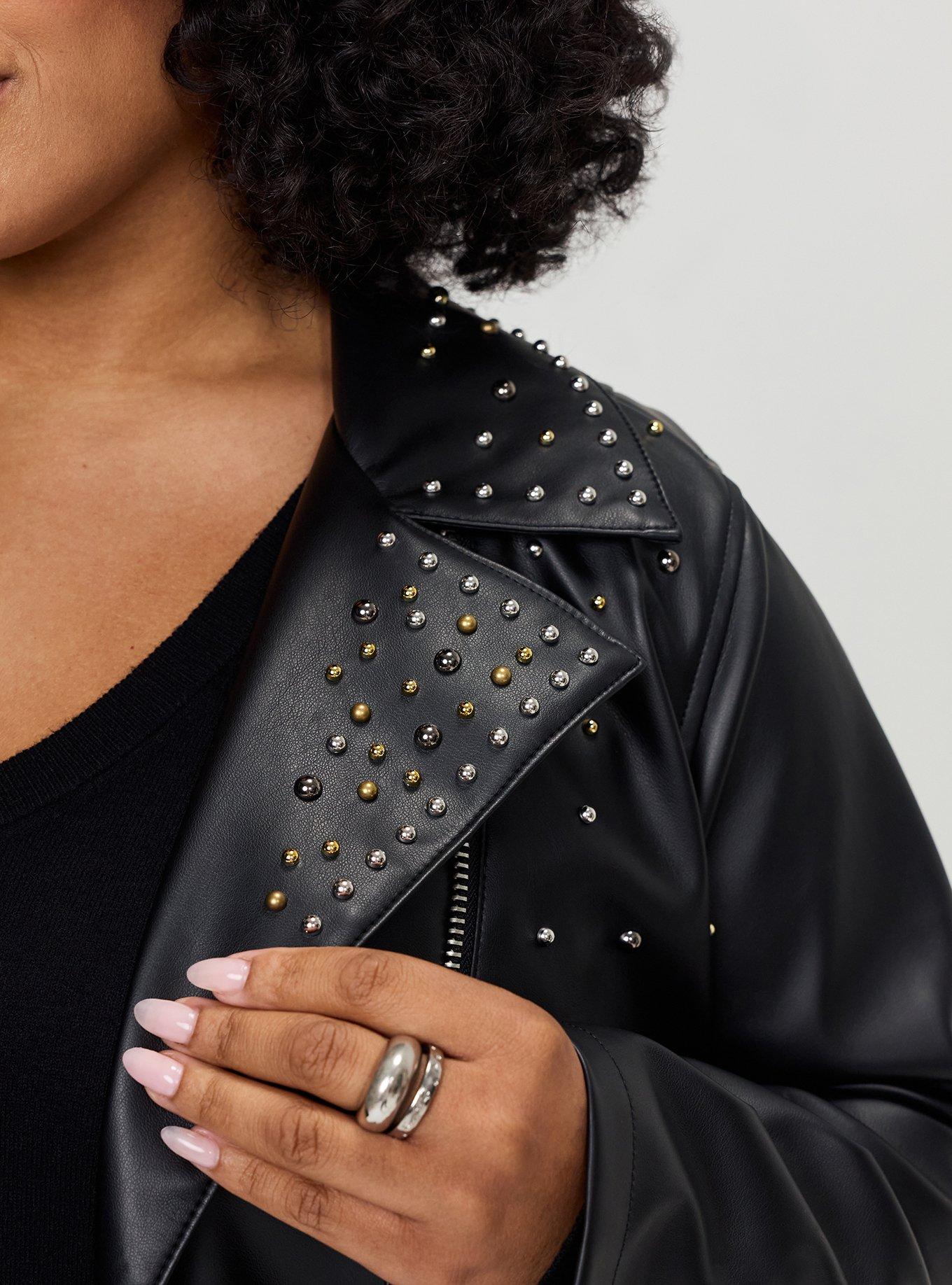 Plus Size Studded Relaxed Faux Leather Moto Jacket, DEEP BLACK, alternate