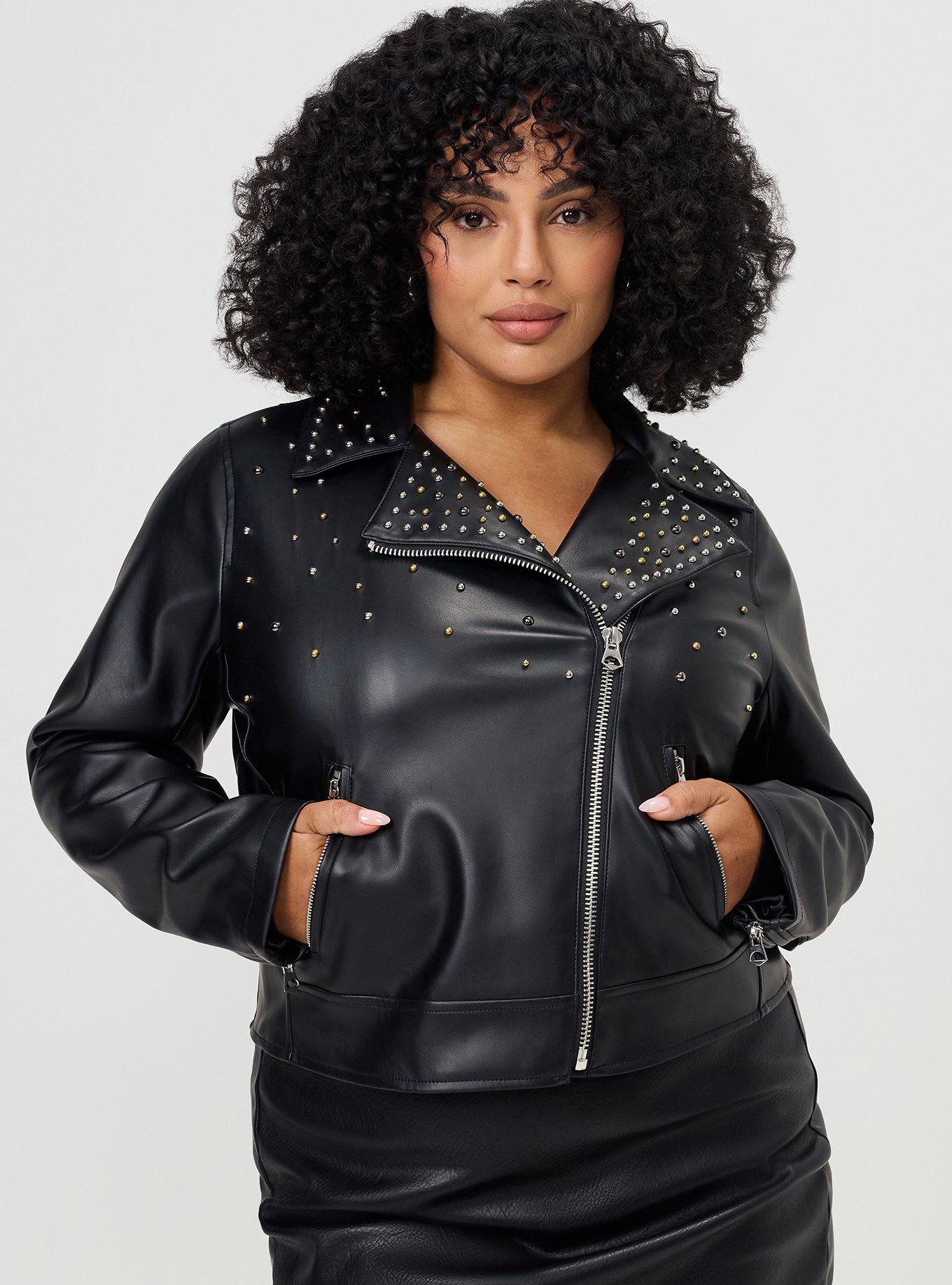 Plus Size Studded Relaxed Faux Leather Moto Jacket, DEEP BLACK, hi-res