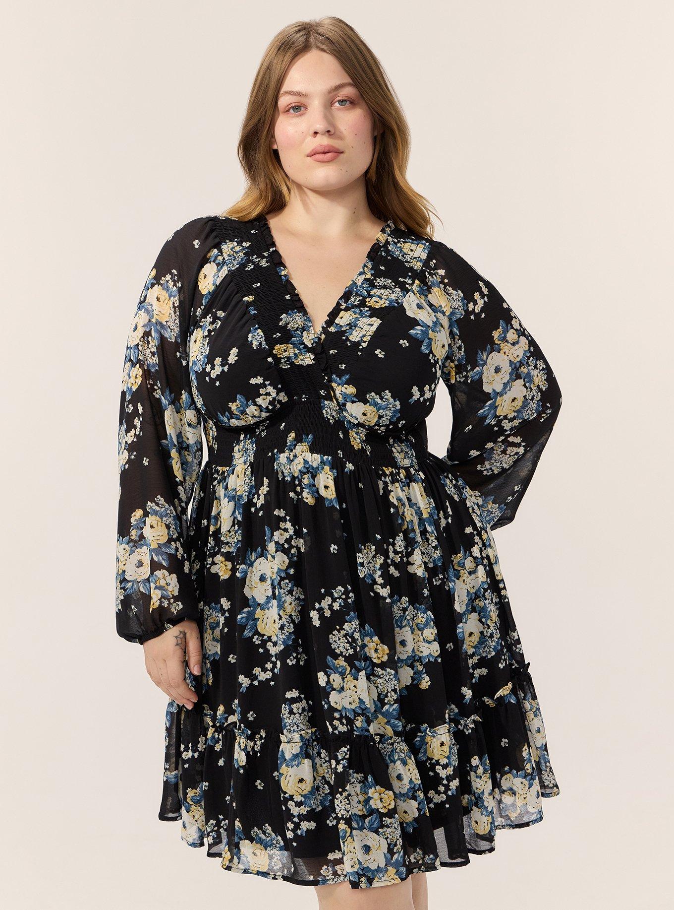 Plus Size Chiffon Long Sleeve Mini Dress, MARCIE ROSE FLORAL BLACK, alternate