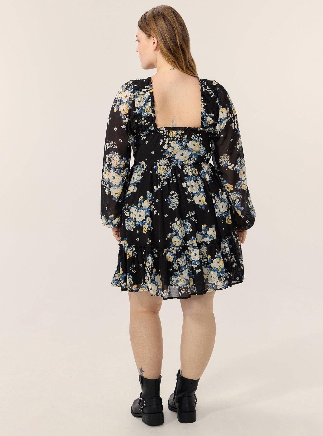 Plus Size Chiffon Long Sleeve Mini Dress, MARCIE ROSE FLORAL BLACK, alternate