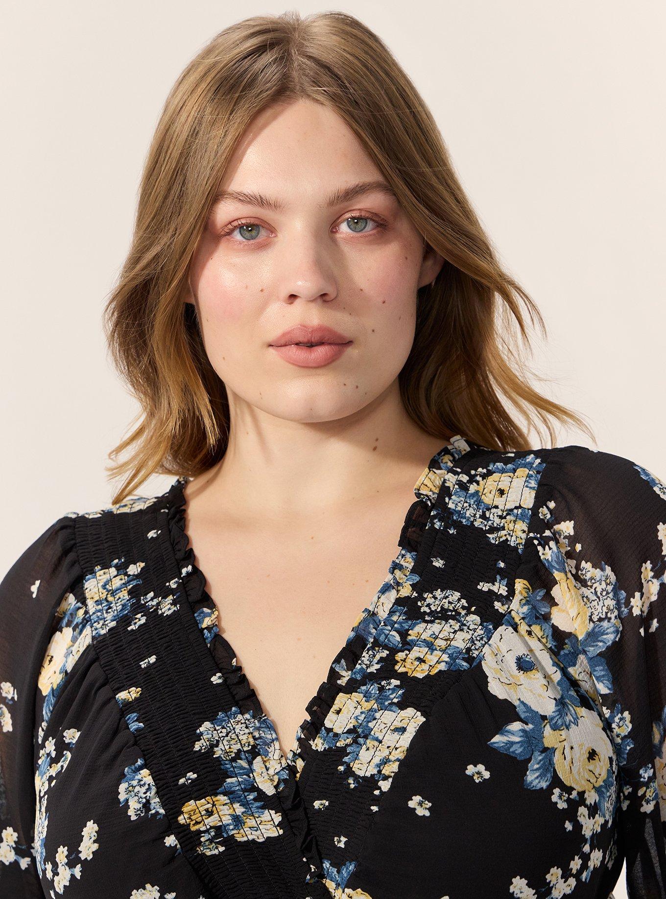 Plus Size Chiffon Long Sleeve Mini Dress, MARCIE ROSE FLORAL BLACK, alternate