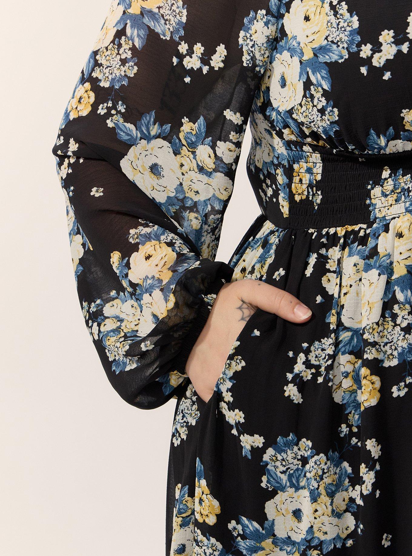 Plus Size Chiffon Long Sleeve Mini Dress, MARCIE ROSE FLORAL BLACK, alternate