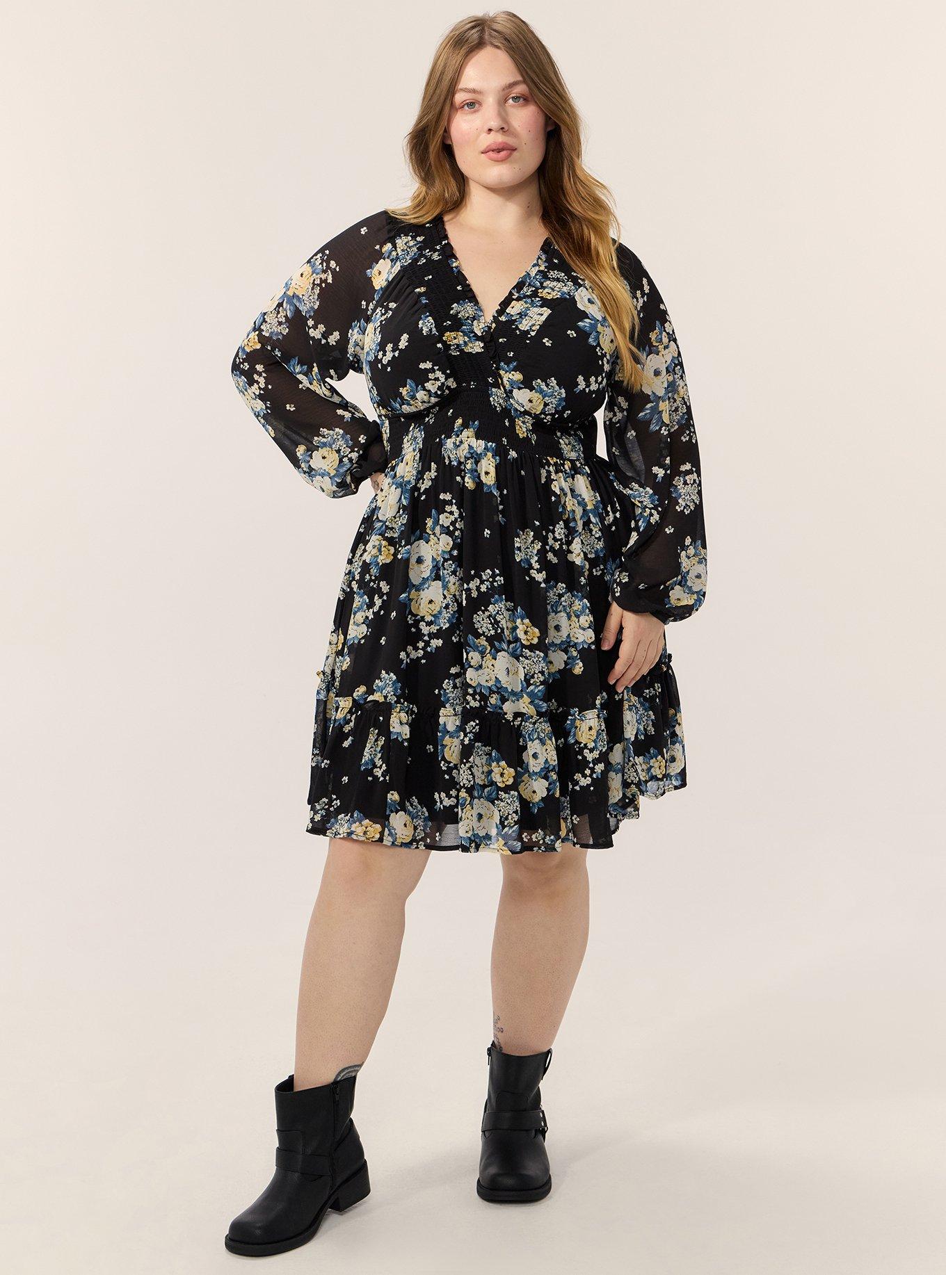 Plus Size Chiffon Long Sleeve Mini Dress, MARCIE ROSE FLORAL BLACK, hi-res