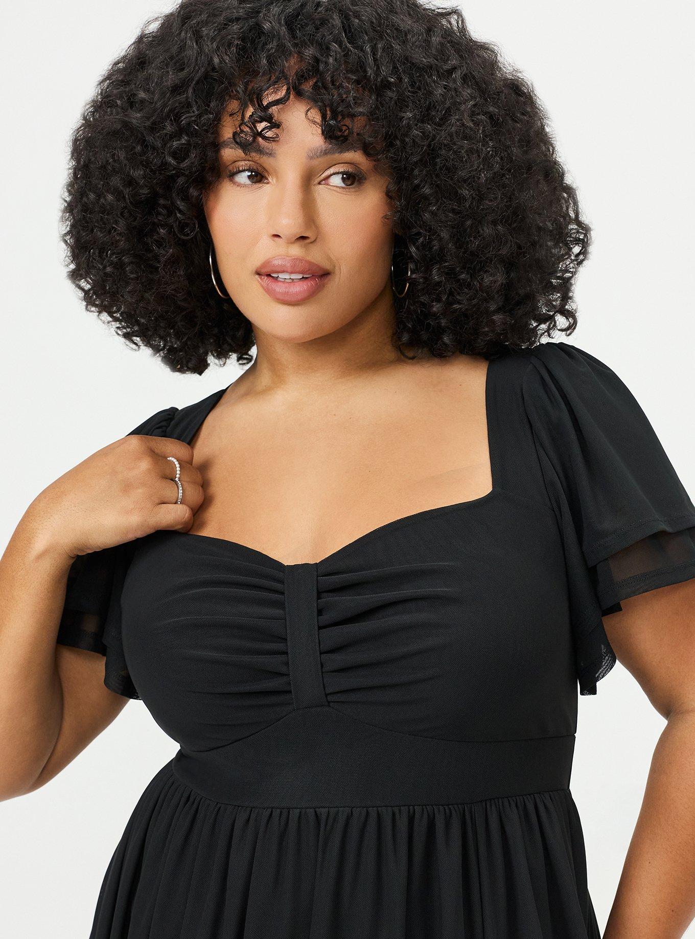 Flutter Sleeve Mesh Midi Dress, DEEP BLACK, alternate