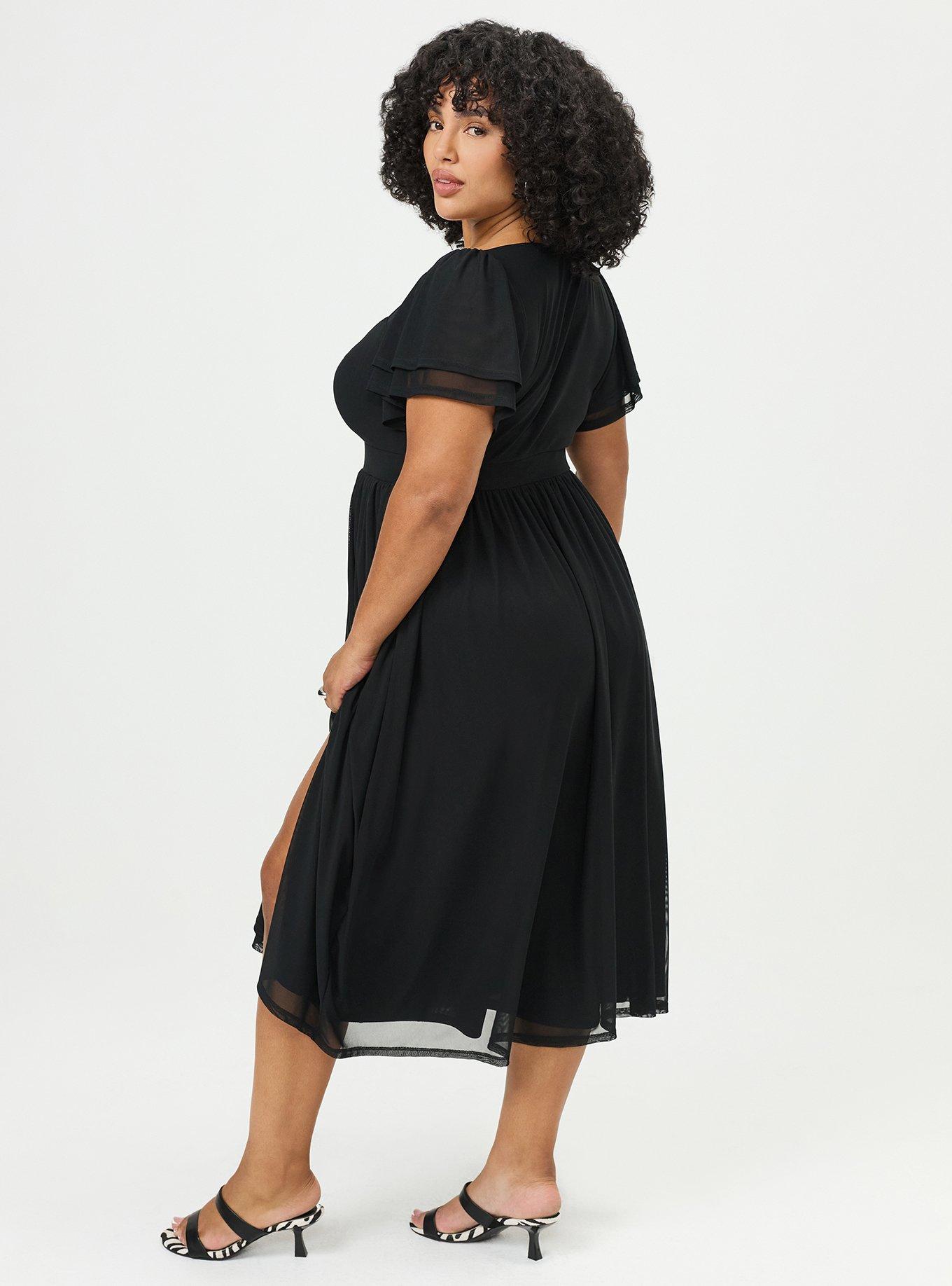 Flutter Sleeve Mesh Midi Dress, DEEP BLACK, alternate
