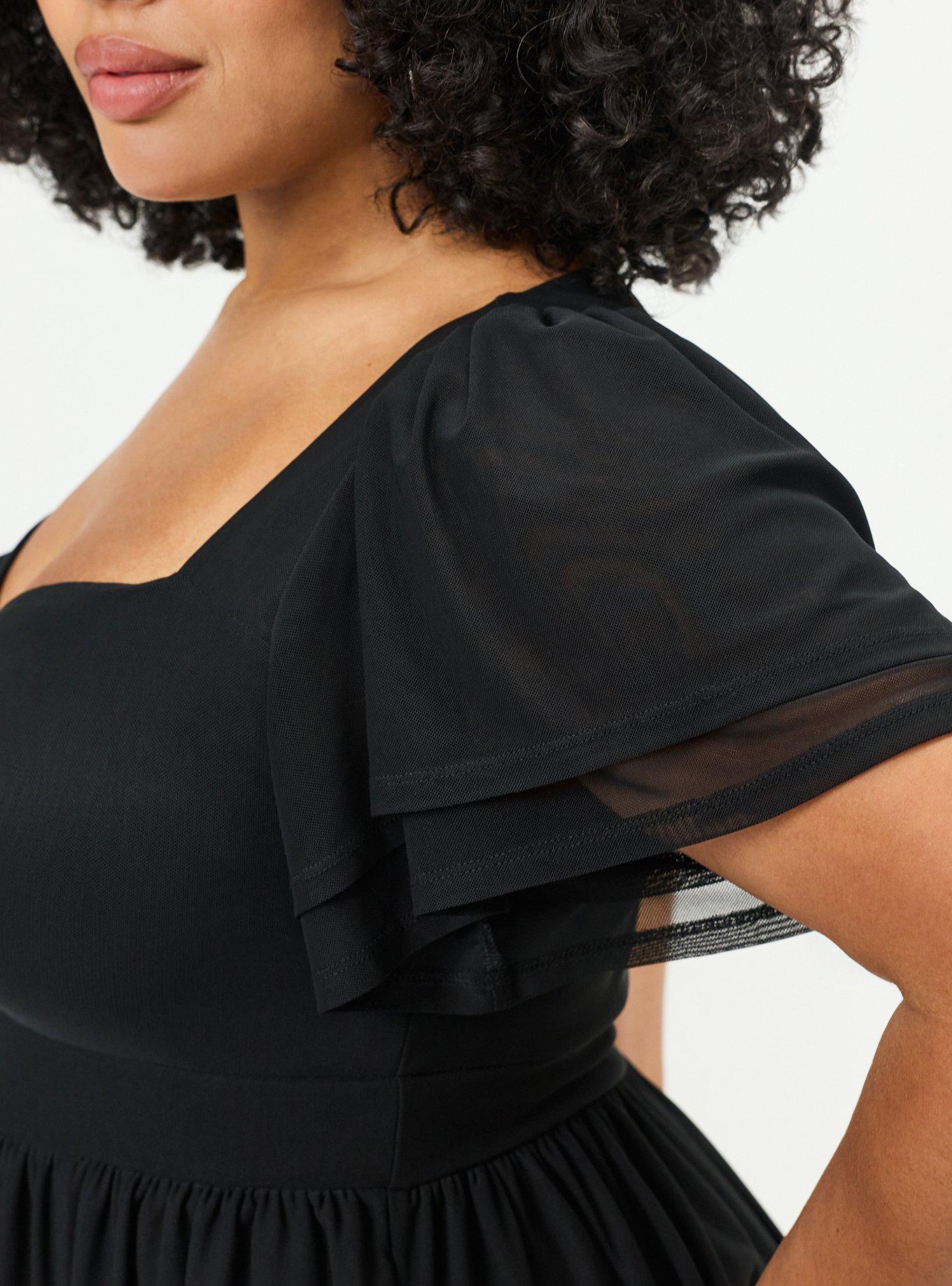 Flutter Sleeve Mesh Midi Dress, DEEP BLACK, alternate