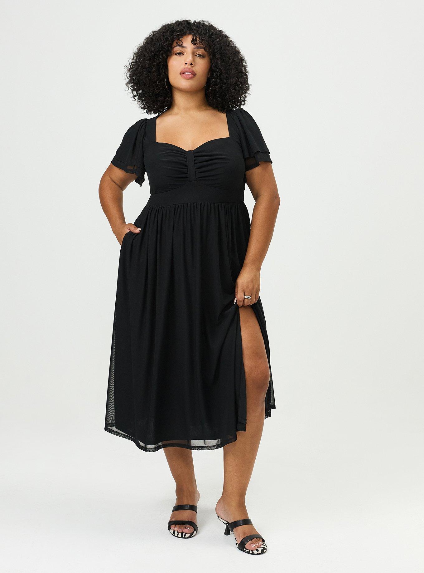 Flutter Sleeve Mesh Midi Dress, DEEP BLACK, hi-res