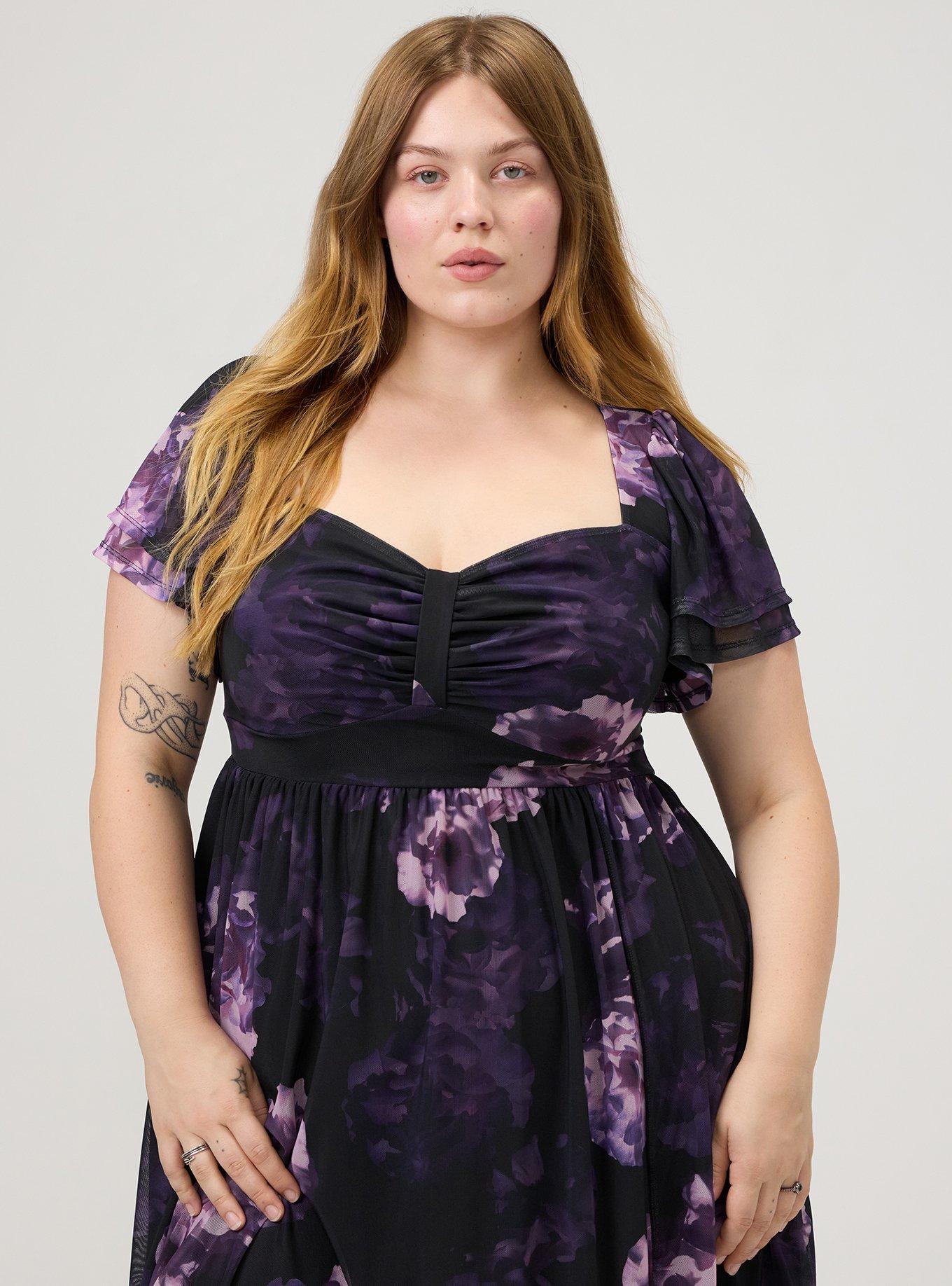 Flutter Sleeve Mesh Midi Dress, PHOTO DEPTHS FLORAL PURPLE, alternate