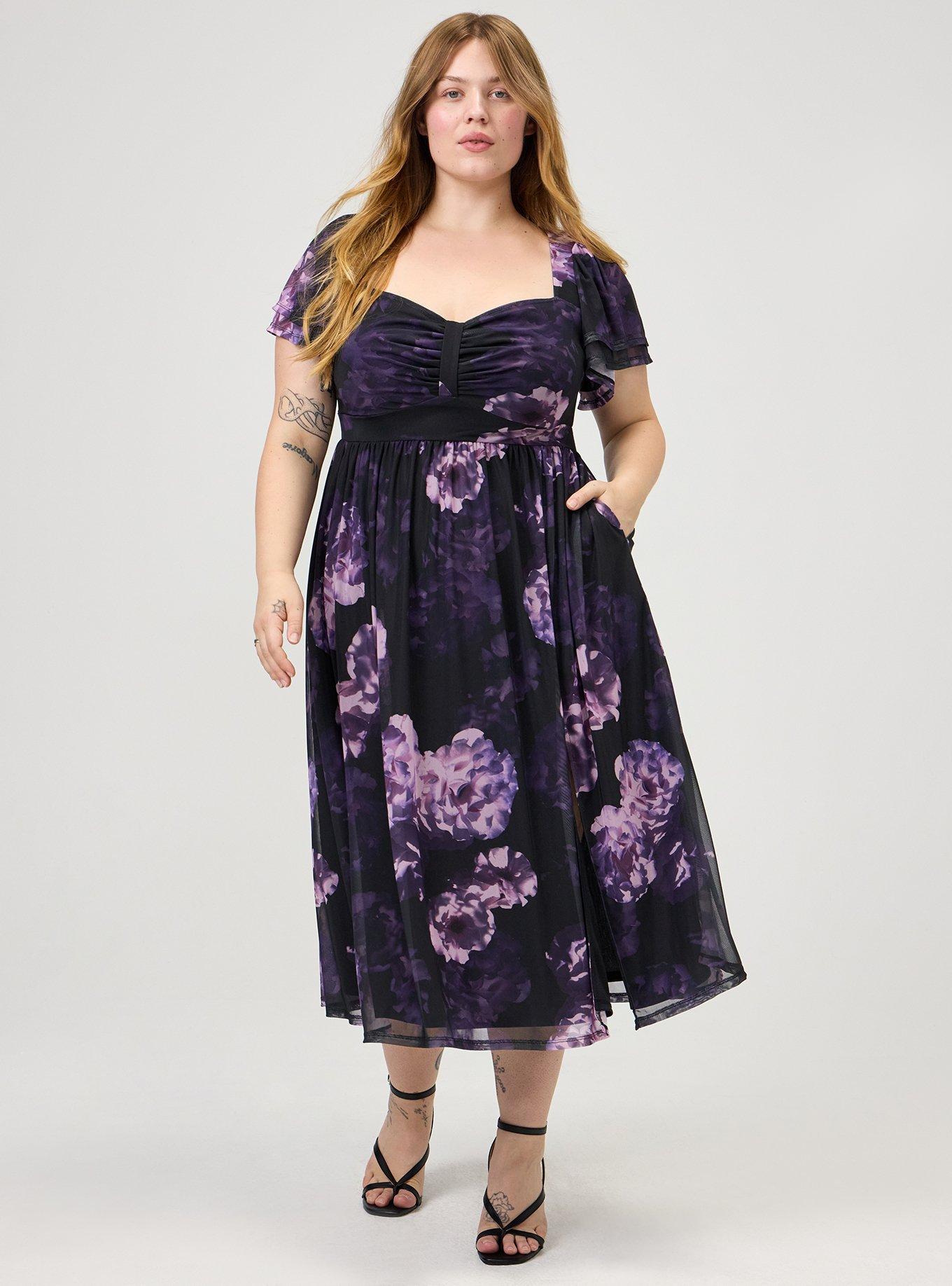 Flutter Sleeve Mesh Midi Dress, PHOTO DEPTHS FLORAL PURPLE, hi-res