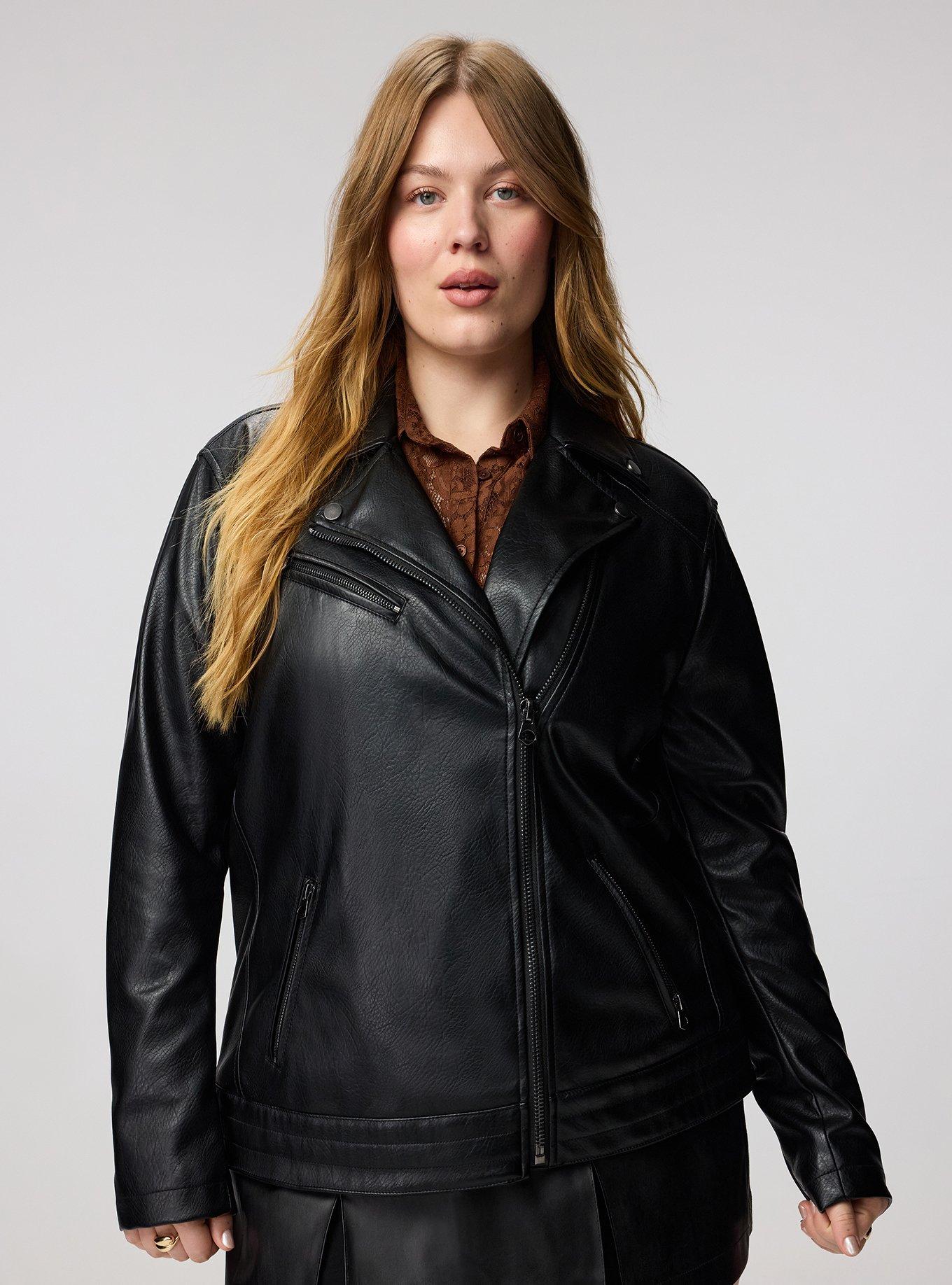 Plus Size Classic Faux Leather Moto Jacket, DEEP BLACK, alternate