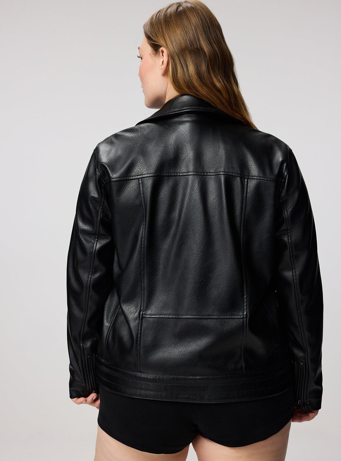 Plus Size Classic Faux Leather Moto Jacket, DEEP BLACK, alternate