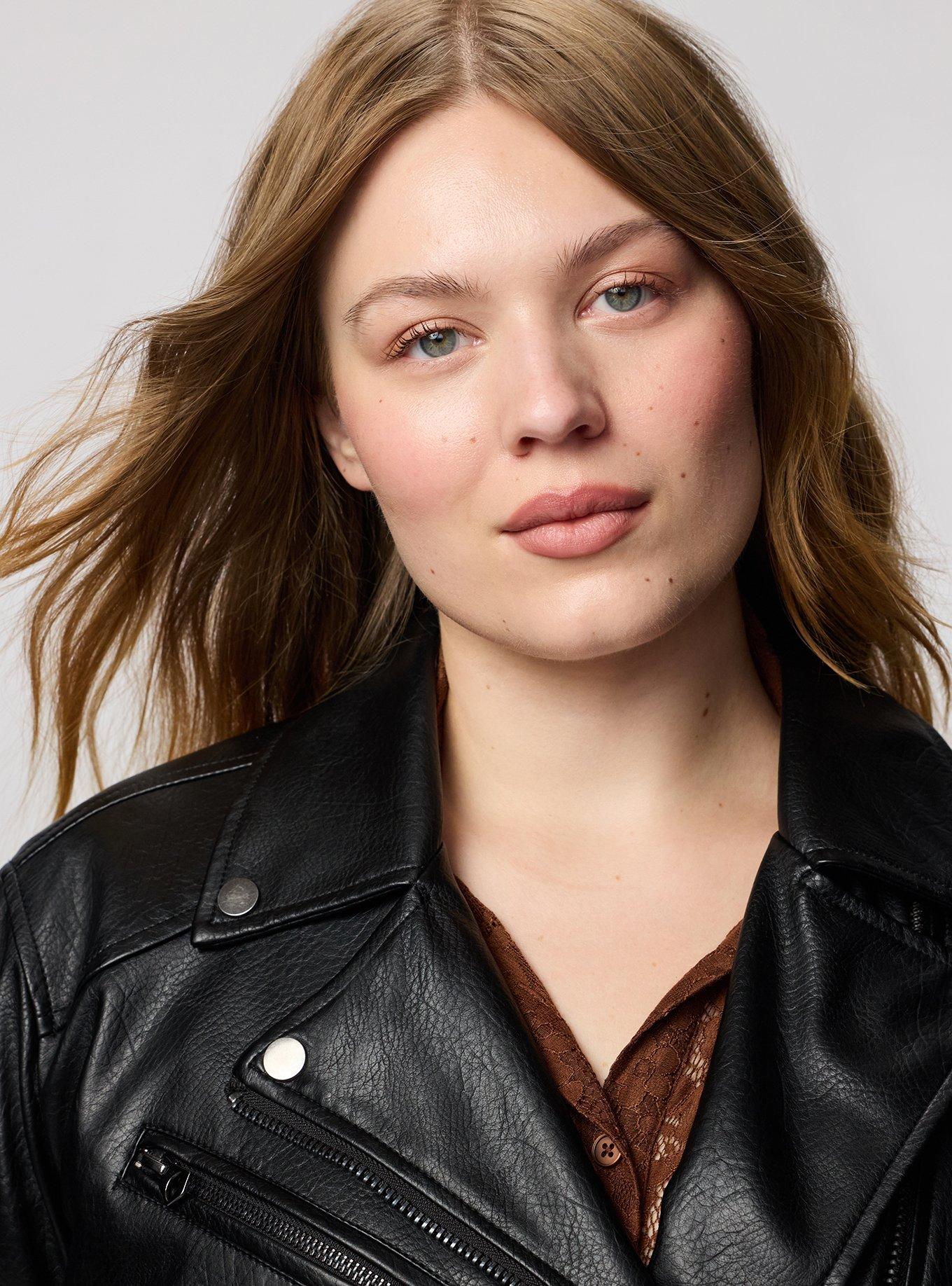 Plus Size Classic Faux Leather Moto Jacket, DEEP BLACK, alternate