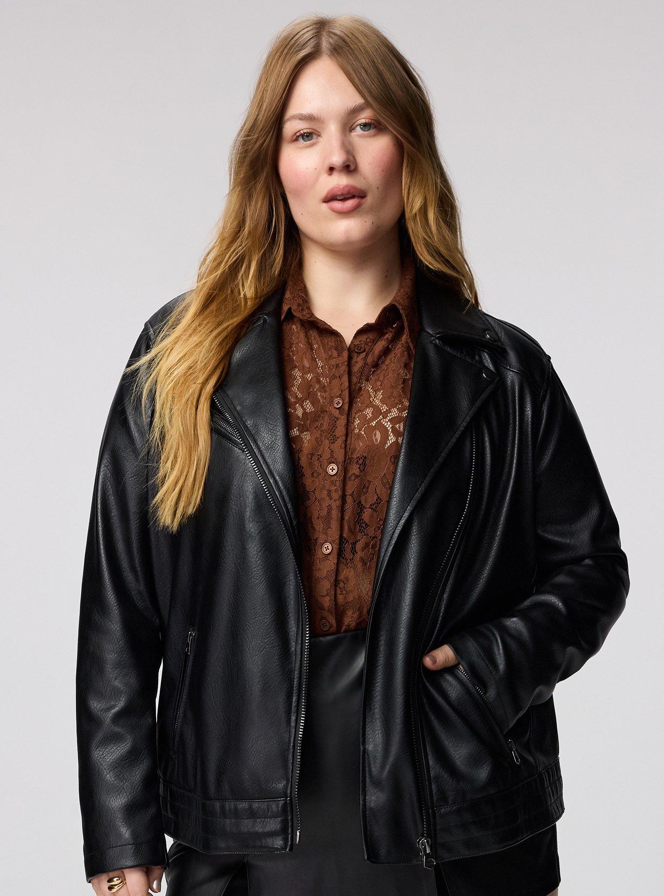 Plus Size Classic Faux Leather Moto Jacket, DEEP BLACK, hi-res