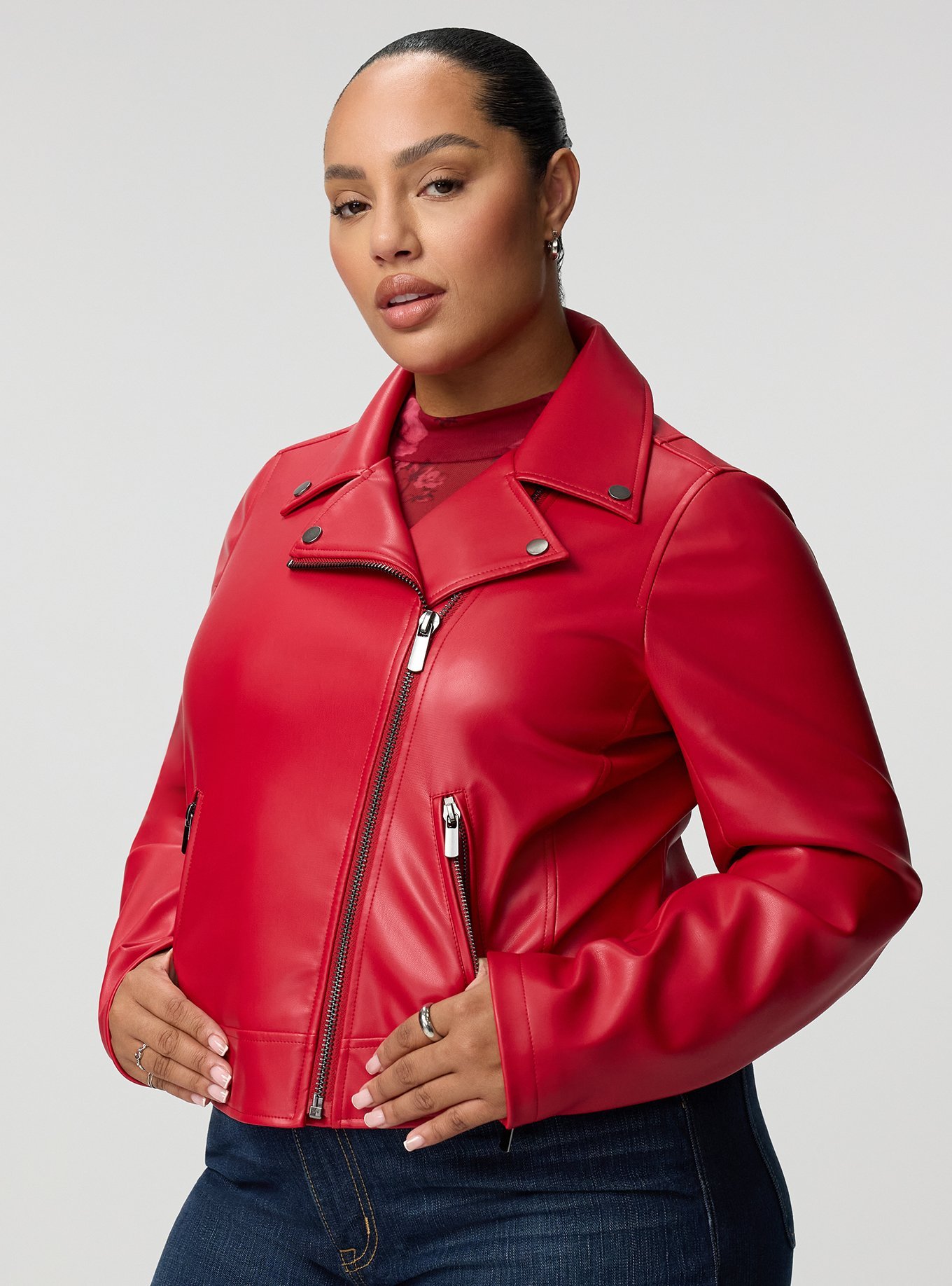 Classic Faux Leather Moto Jacket, JESTER RED, hi-res