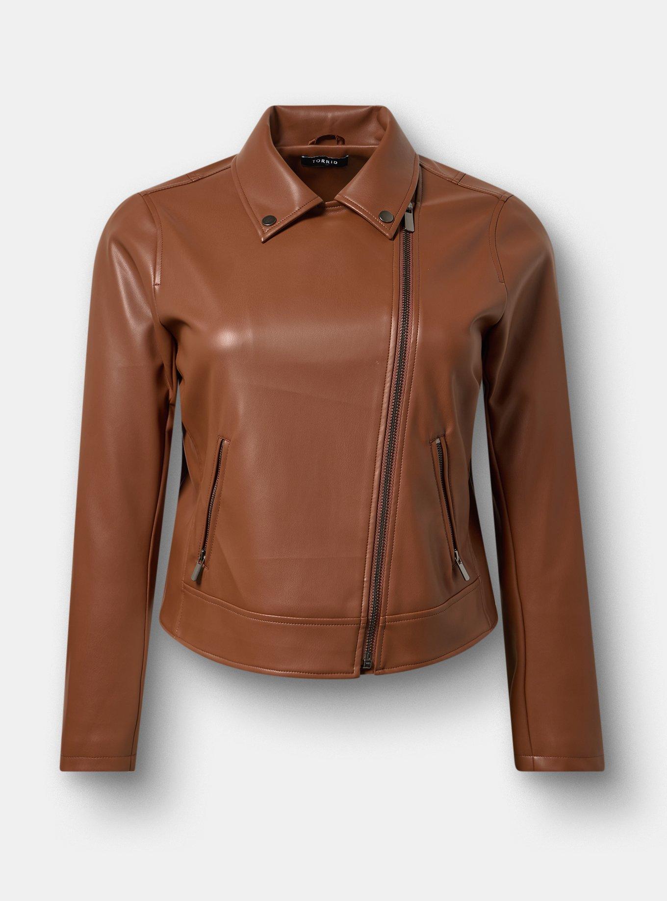 Classic Faux Leather Moto Jacket, CAPPUCCINO, flat