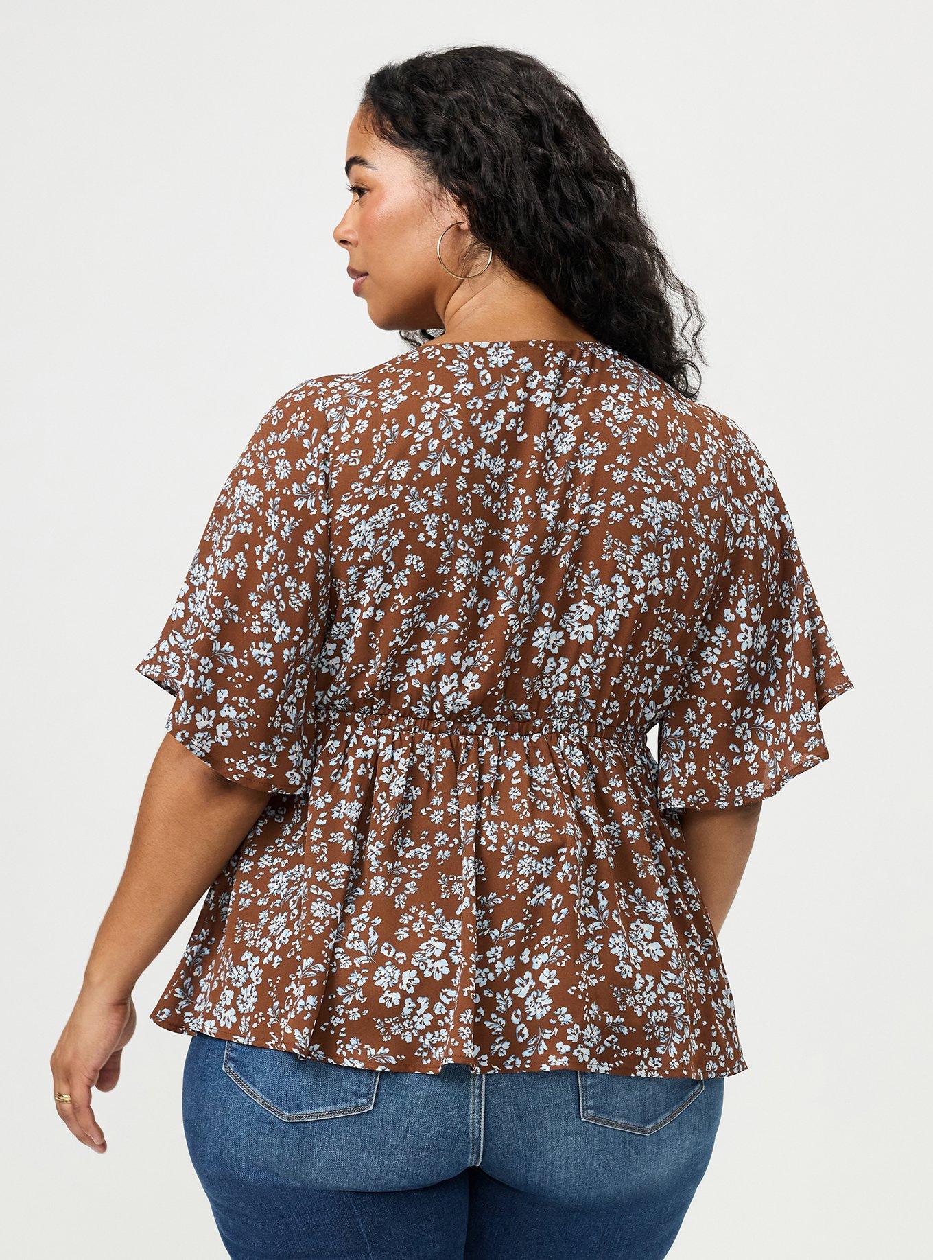 Plus Size Slinky Twist Front Tunic Babydoll Top, POSIES FLORAL BROWN, alternate