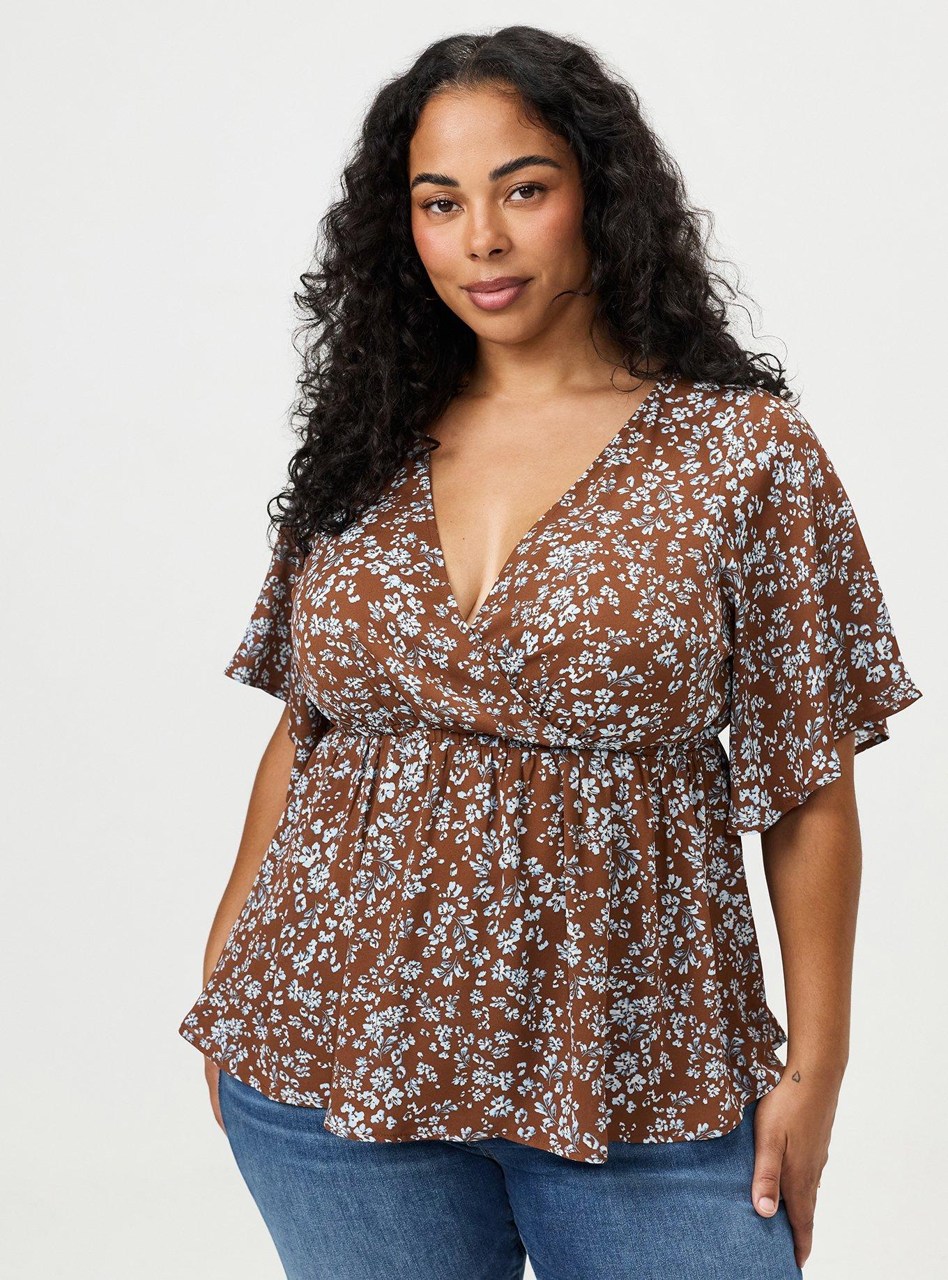 Plus Size Slinky Twist Front Tunic Babydoll Top, POSIES FLORAL BROWN, alternate