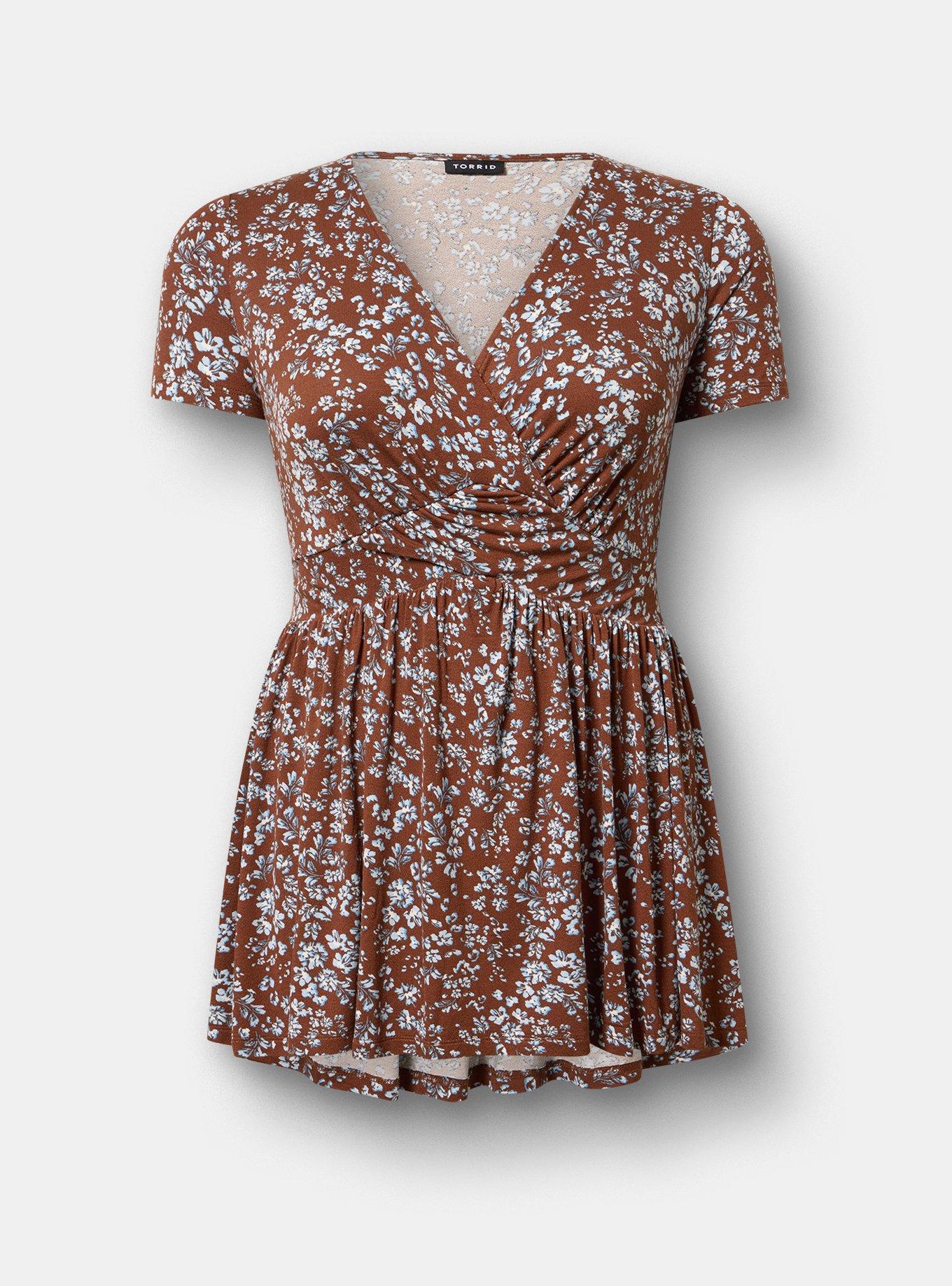 Plus Size Slinky Twist Front Tunic Babydoll Top, POSIES FLORAL BROWN, hi-res