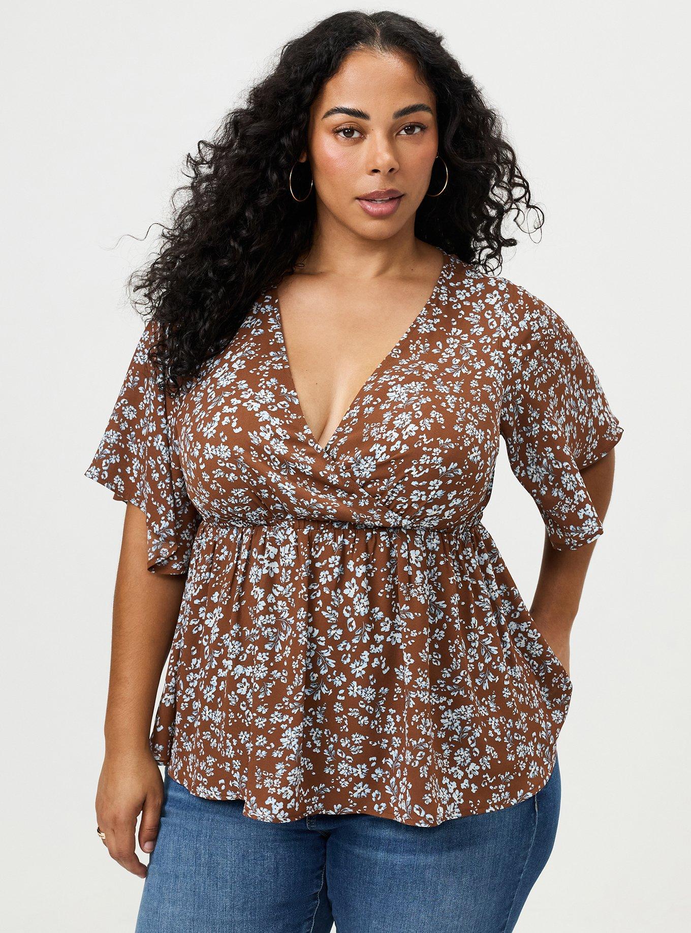 Plus Size Slinky Twist Front Tunic Babydoll Top, POSIES FLORAL BROWN, hi-res