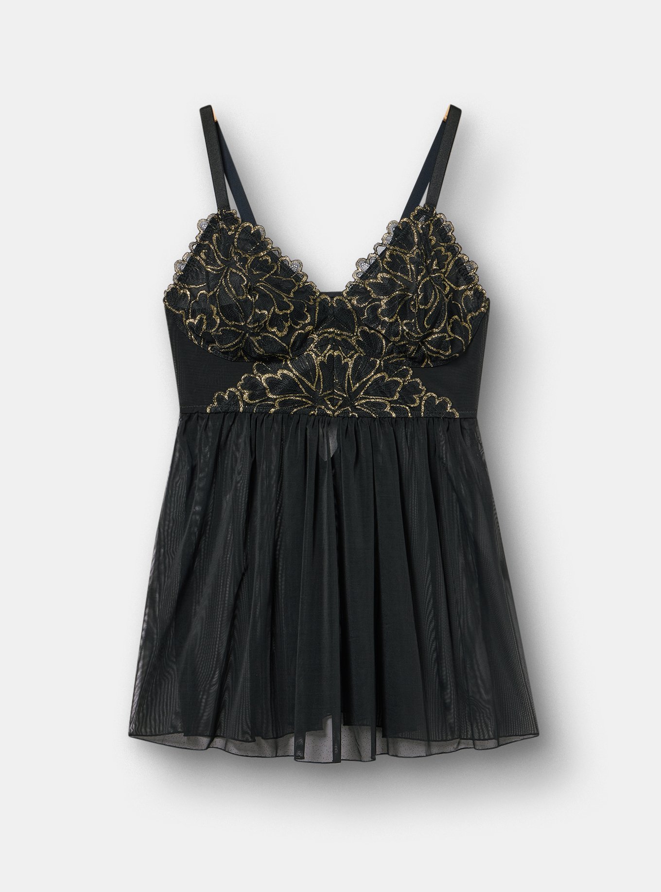 Gilded Lace Wire Free Babydoll, RICH BLACK, flat