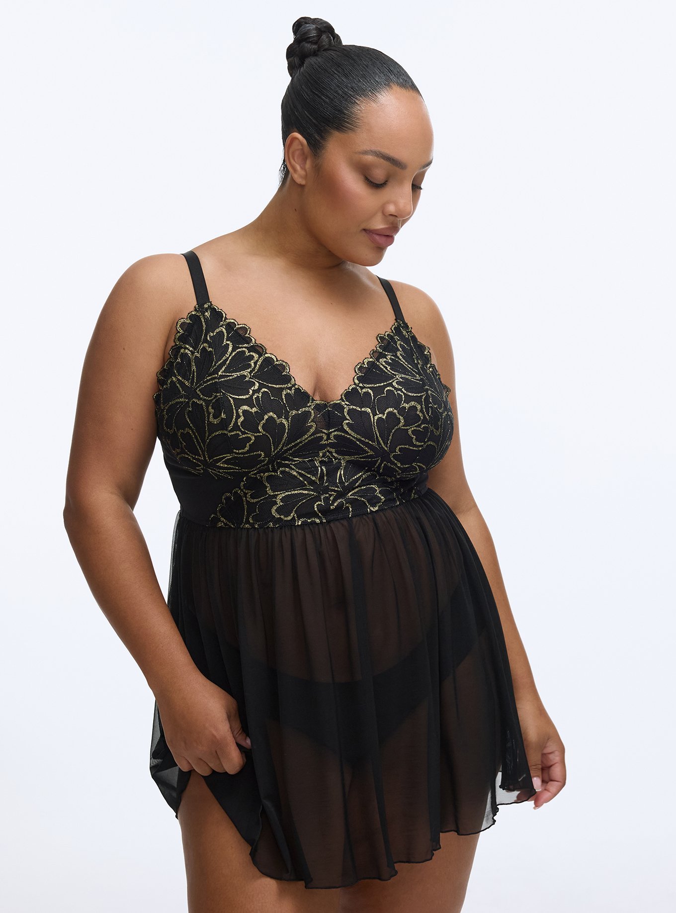 Gilded Lace Wire Free Babydoll, RICH BLACK, hi-res