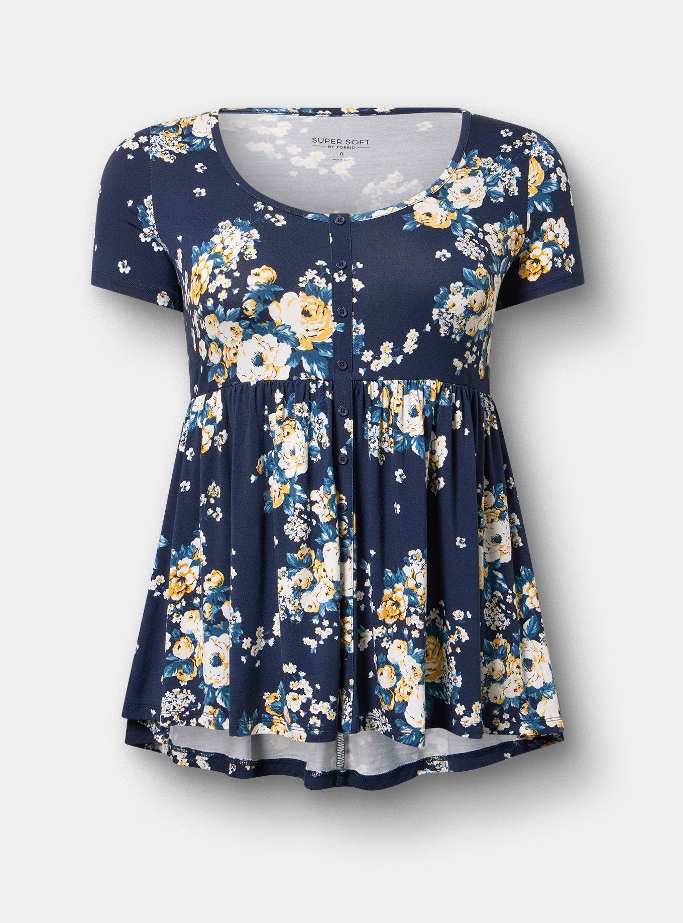 Plus Size Super Soft Hi-Low Babydoll Tunic, MARCIE ROSE FLORAL NAVY, flat