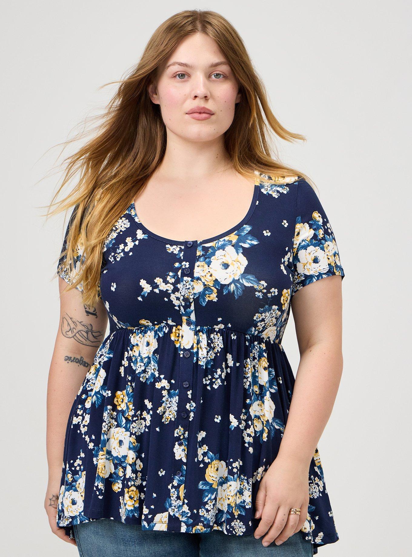 Plus Size Super Soft Hi-Low Babydoll Tunic, MARCIE ROSE FLORAL NAVY, hi-res