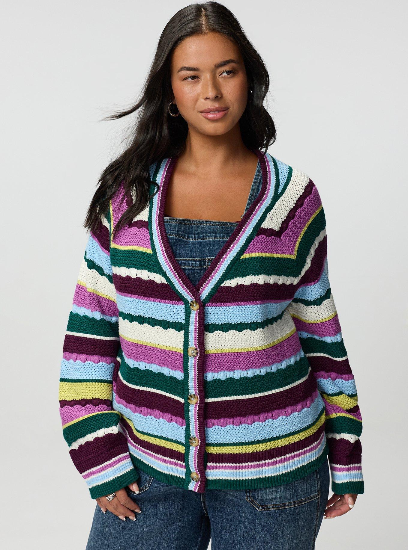 V-Neck Cardigan, LIATRIS LINDEN GREEN MULTI STRIPE, hi-res