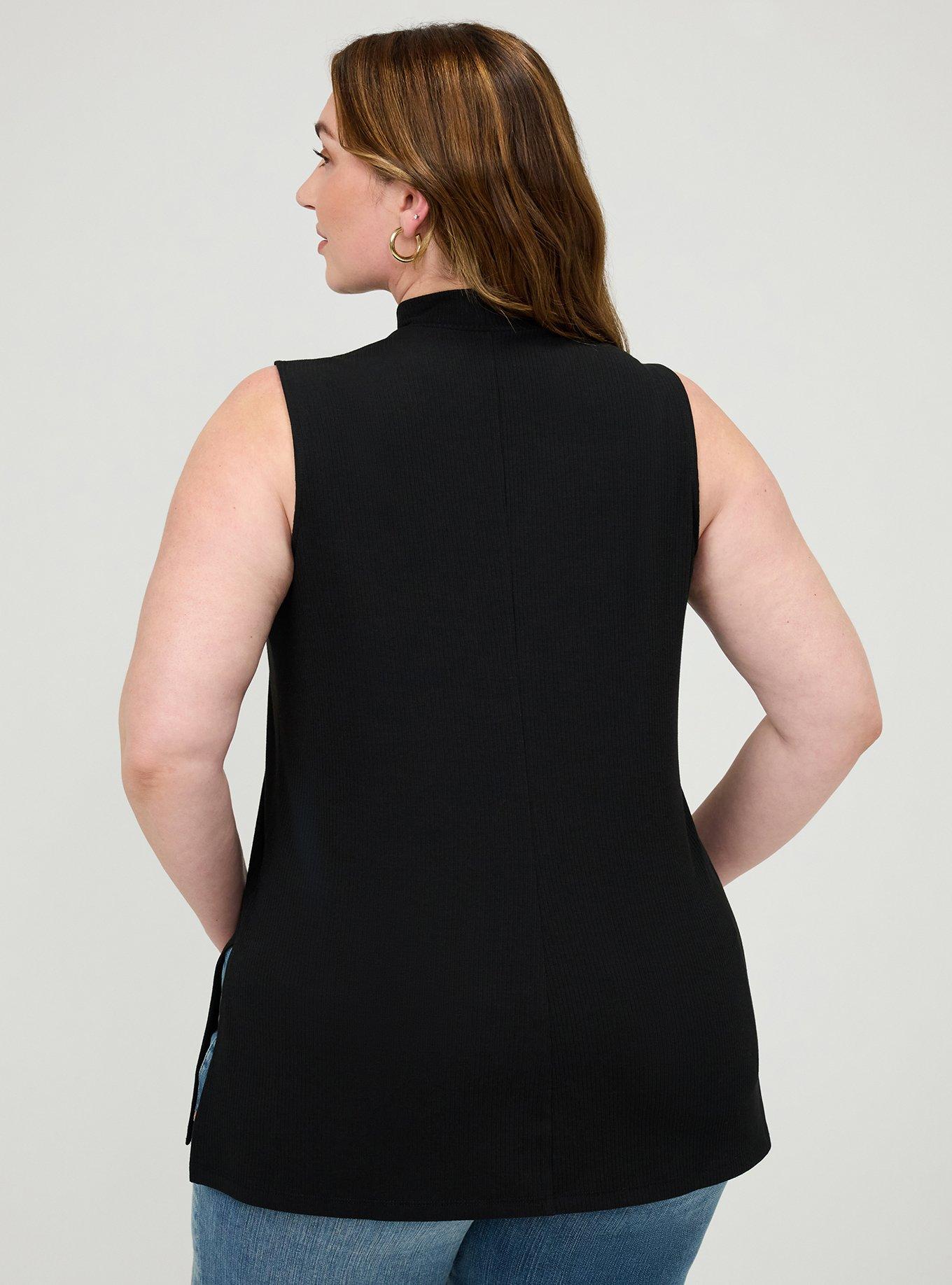 Super Soft Rib Mock Neck Side Slit Tank, DEEP BLACK, alternate