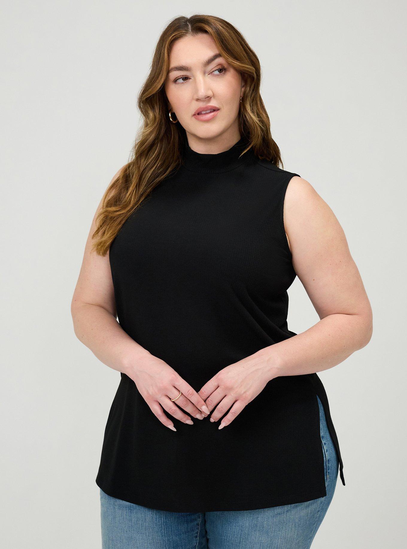 Super Soft Rib Mock Neck Side Slit Tank, DEEP BLACK, hi-res