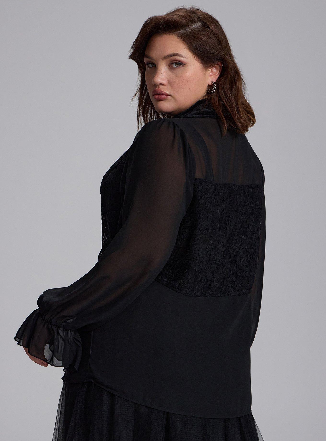 Plus Size Nightfall Collared Lace Detail Button-Up Top, DEEP BLACK, alternate