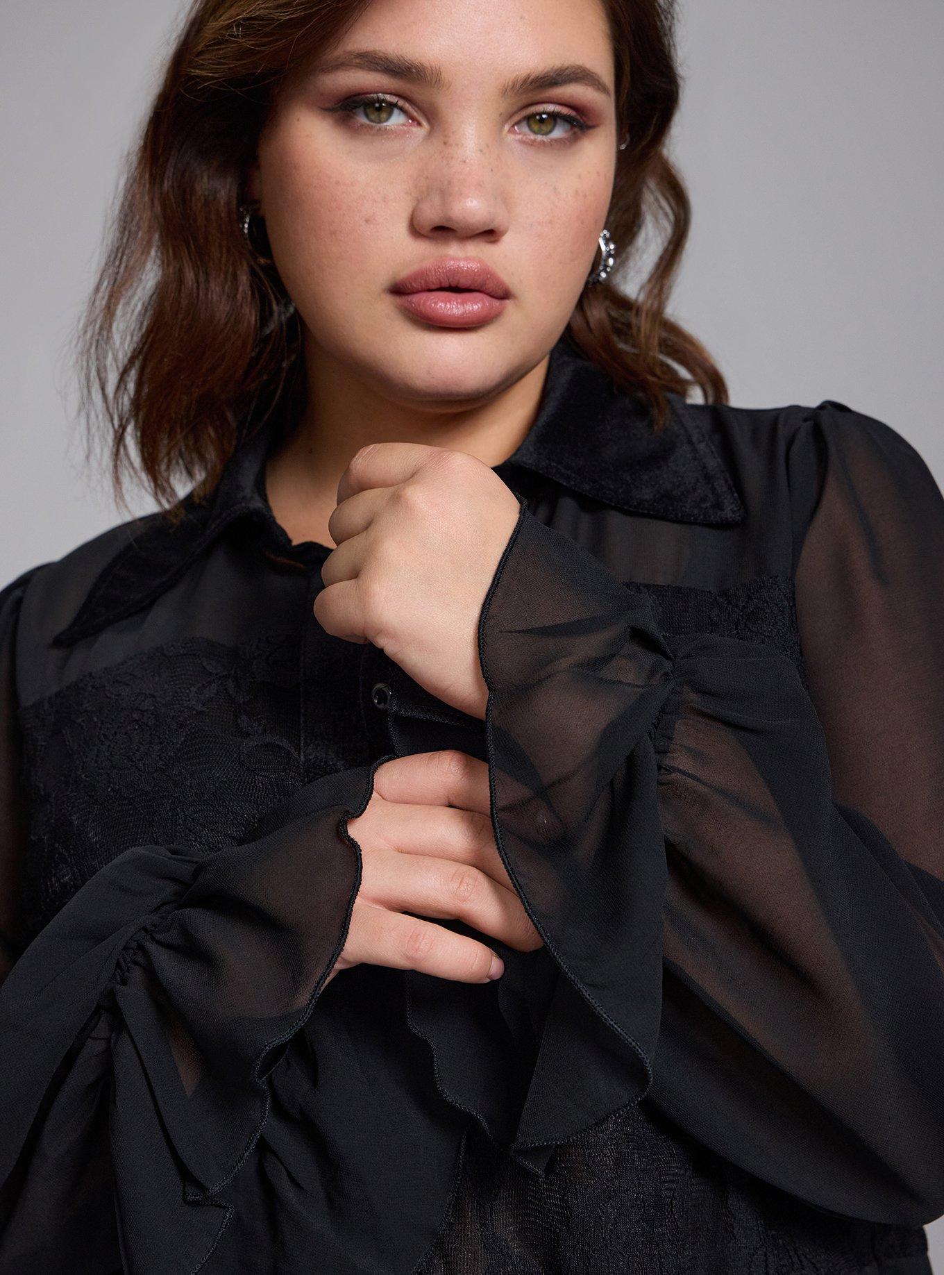 Plus Size Nightfall Collared Lace Detail Button-Up Top, DEEP BLACK, alternate