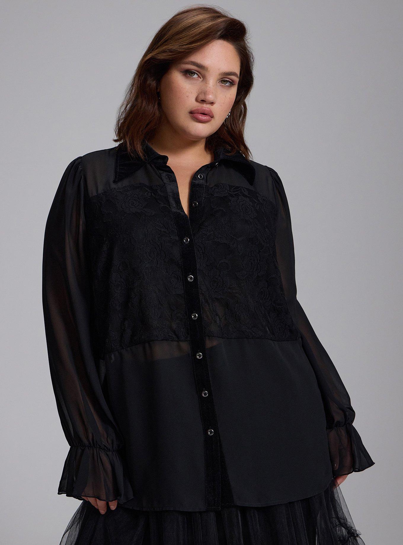 Plus Size Nightfall Collared Lace Detail Button-Up Top, DEEP BLACK, alternate