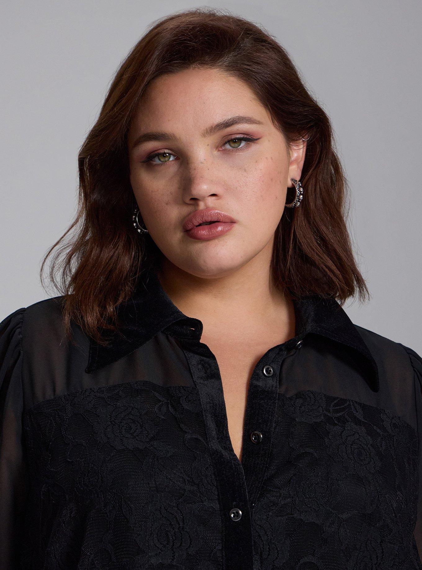 Plus Size Nightfall Collared Lace Detail Button-Up Top, DEEP BLACK, alternate