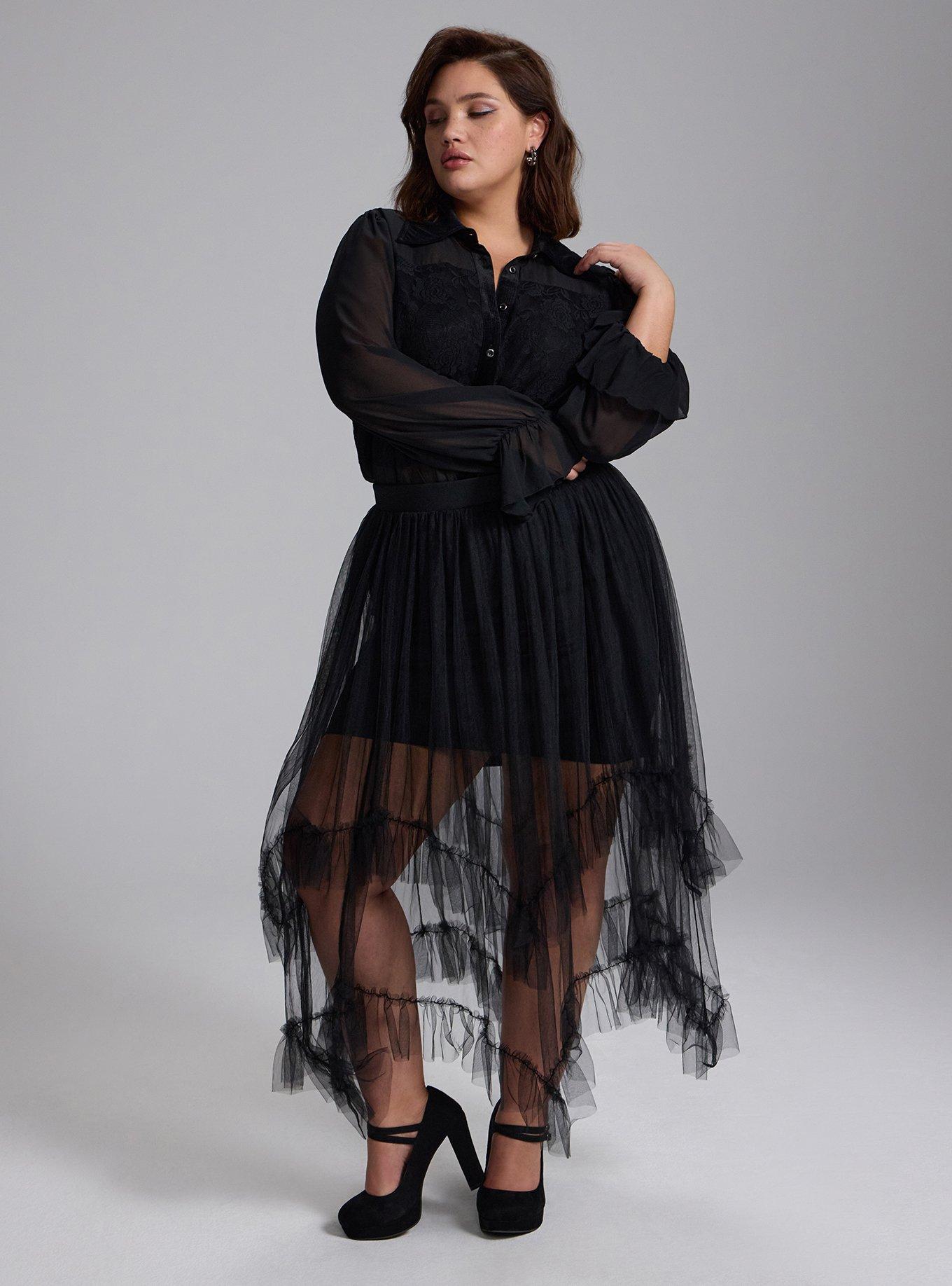 Plus Size Nightfall Collared Lace Detail Button-Up Top, DEEP BLACK, alternate