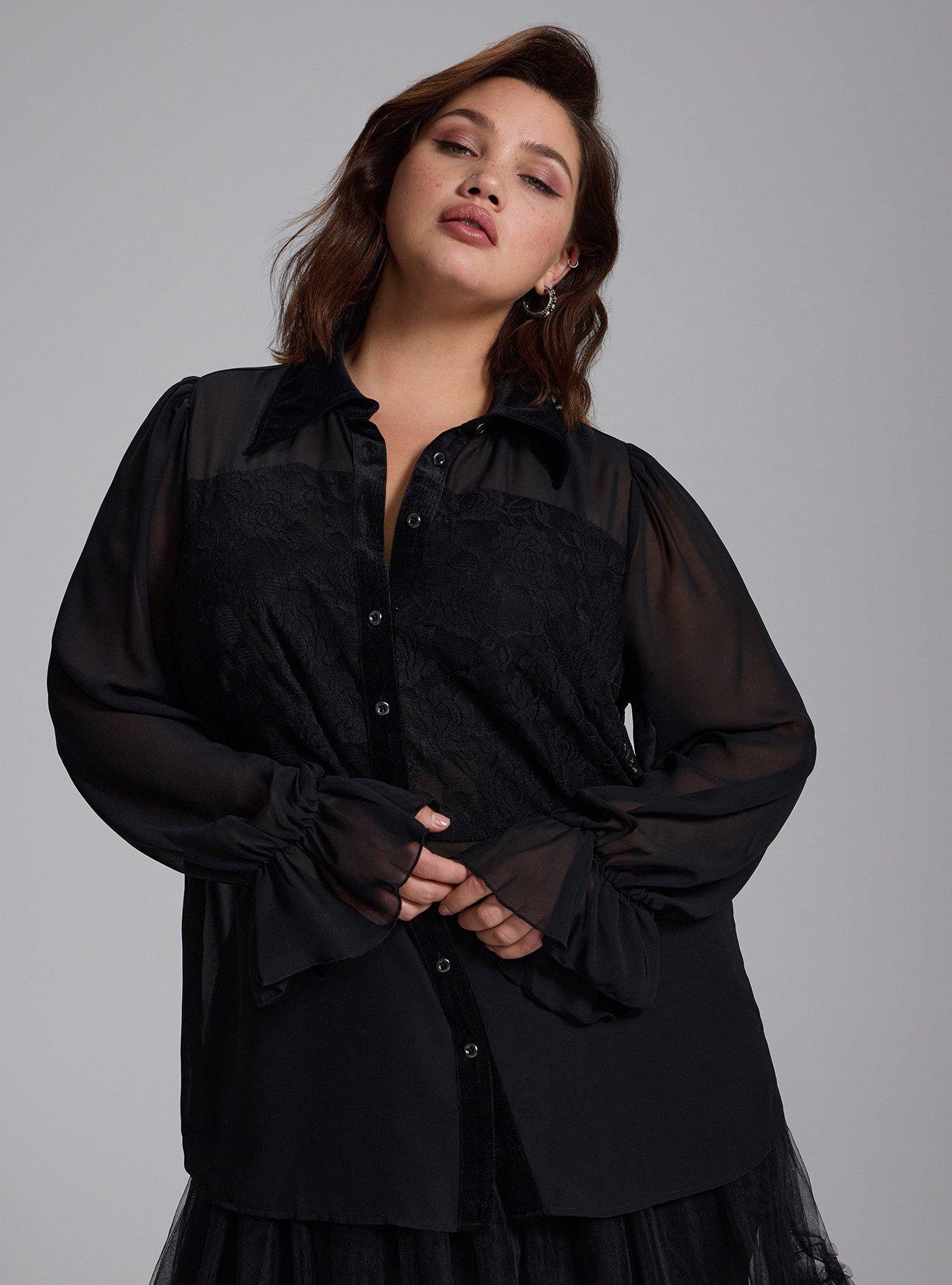 Plus Size Nightfall Collared Lace Detail Button-Up Top, DEEP BLACK, hi-res