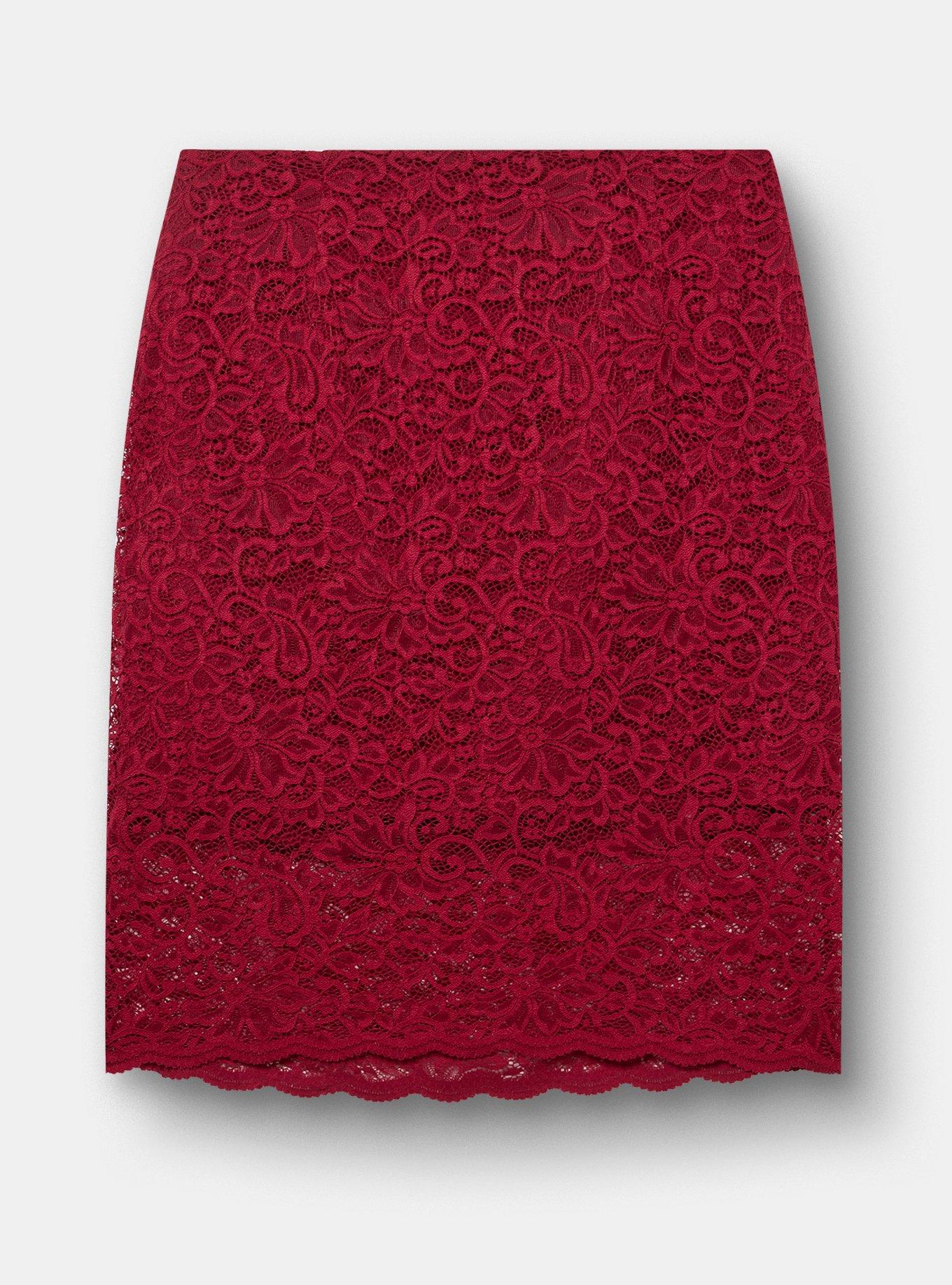 Studio Lace Midi Pencil Skirt, RUMBA RED, flat