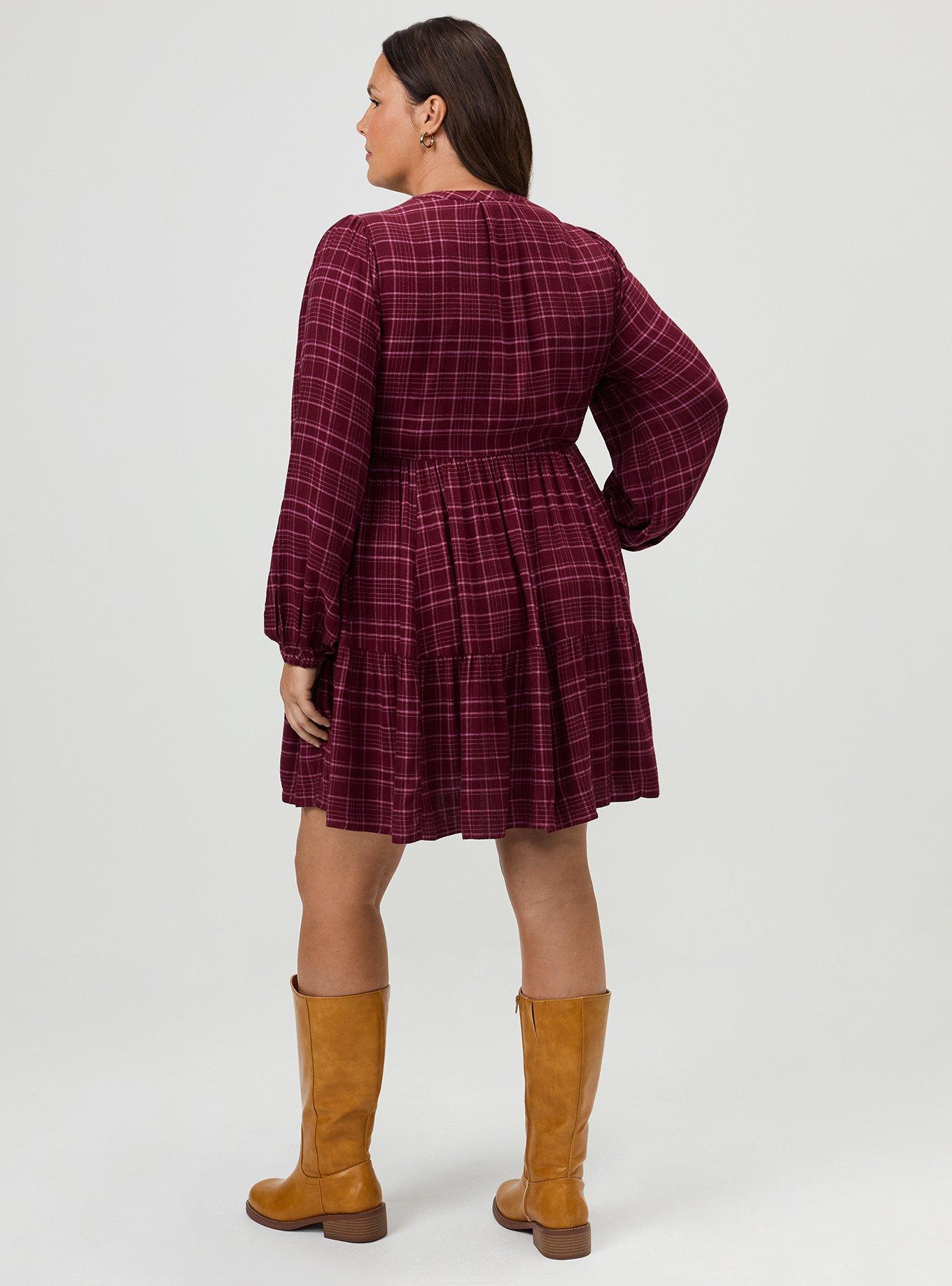 Y-Neck Tiered Mini Dress, TOWN PLAID BURGUNDY, alternate
